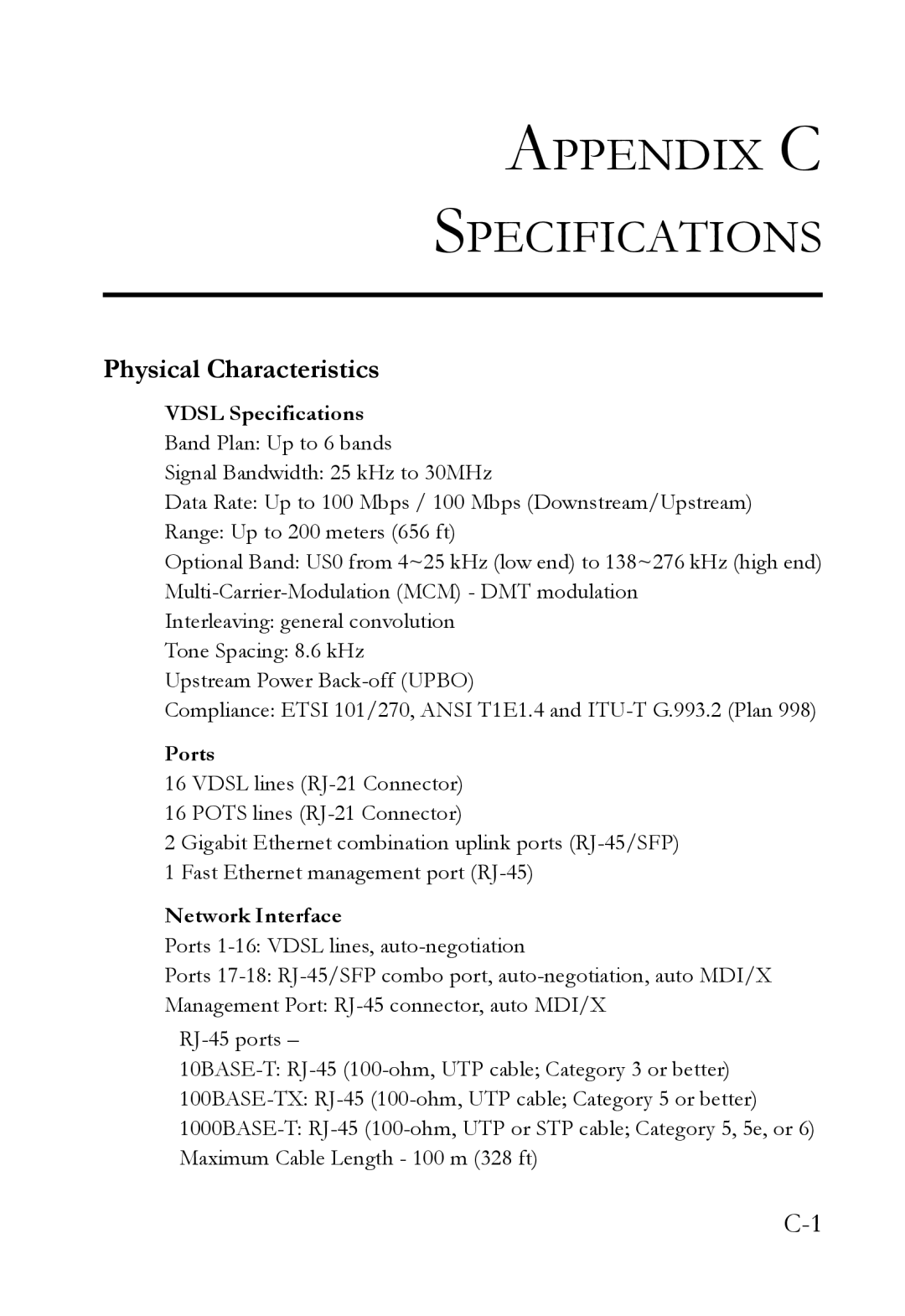 SMC Networks VDSL2 Appendix C Specifications, Physical Characteristics, Vdsl Specifications Band Plan Up to 6 bands, Ports 