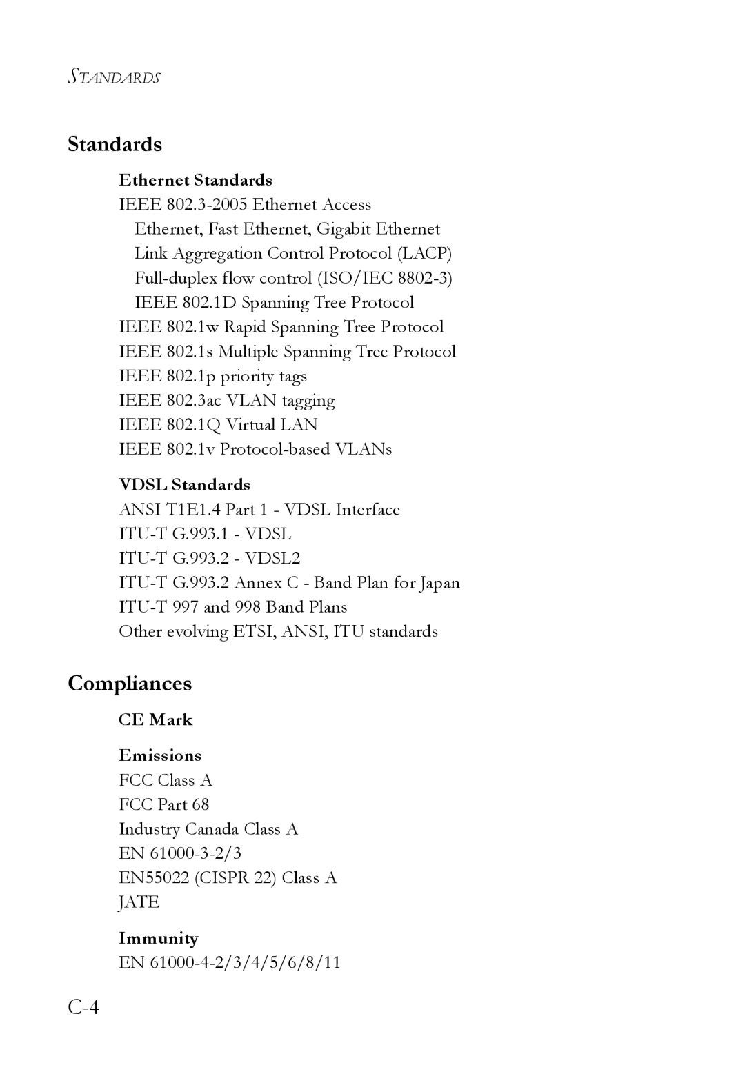 SMC Networks VDSL2 manual Standards, Compliances 