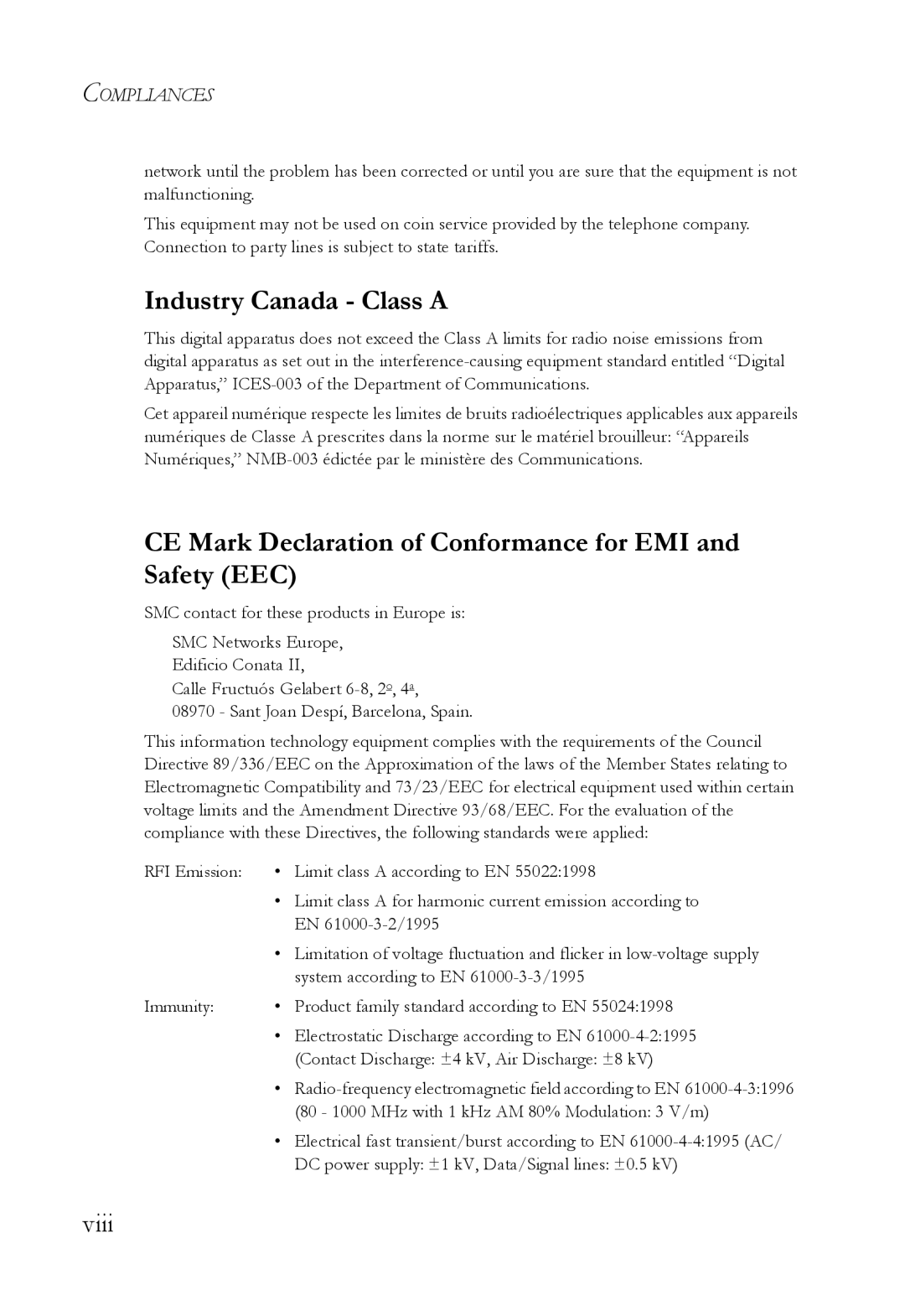 SMC Networks VDSL2 manual Industry Canada Class a, CE Mark Declaration of Conformance for EMI and Safety EEC, Viii 