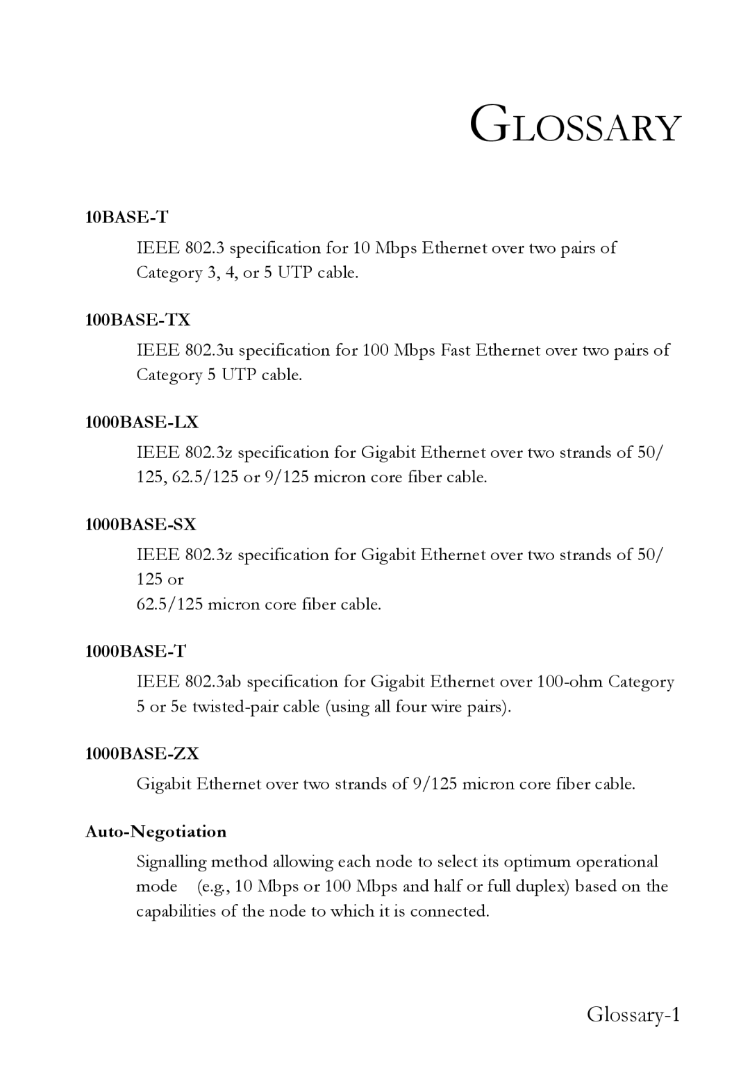 SMC Networks VDSL2 manual Glossary-1, 1000BASE-T, Auto-Negotiation 