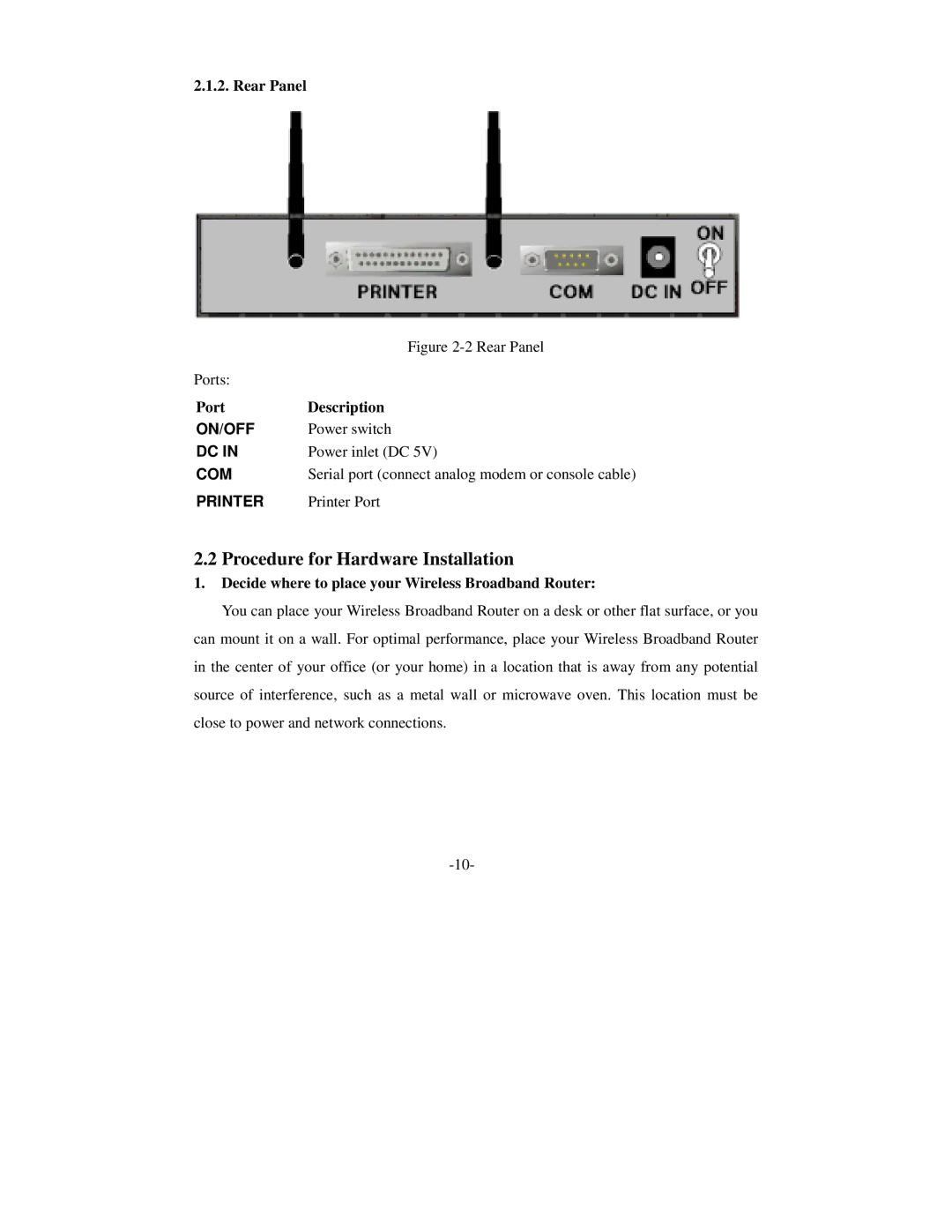 SMC Networks Wireless Broadband Router specifications Procedure for Hardware Installation, Rear Panel, Port Description 