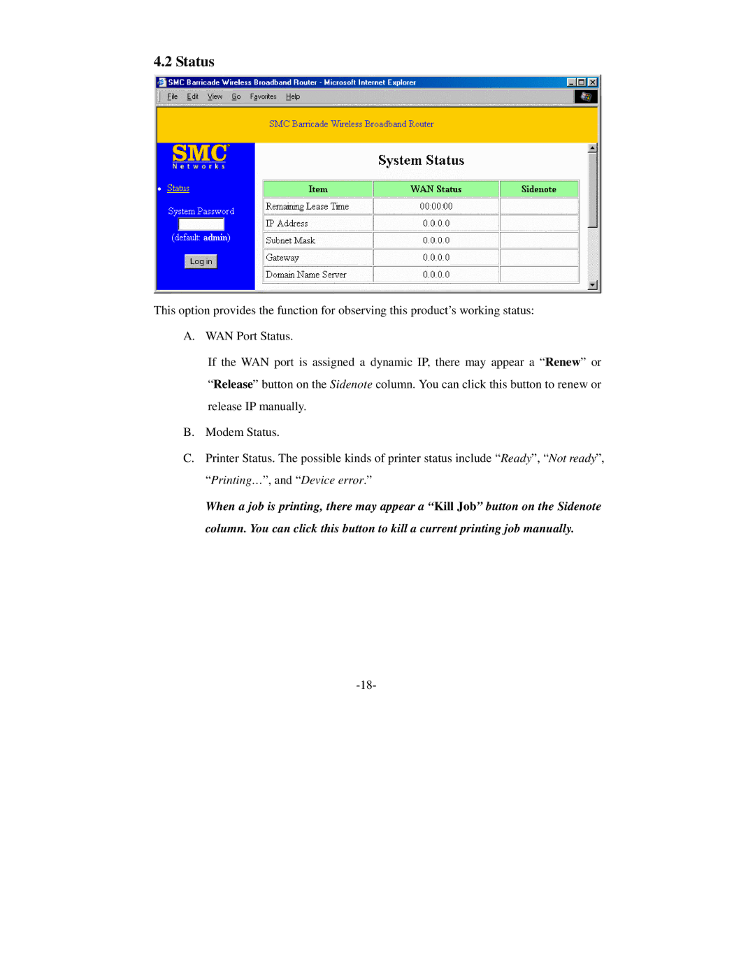 SMC Networks Wireless Broadband Router specifications Status 