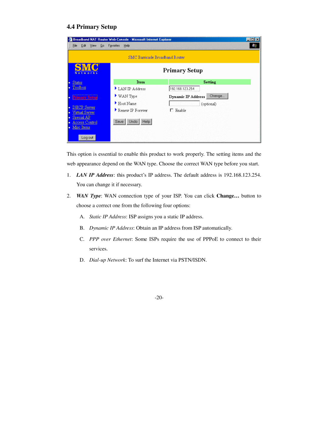 SMC Networks Wireless Broadband Router specifications Primary Setup 