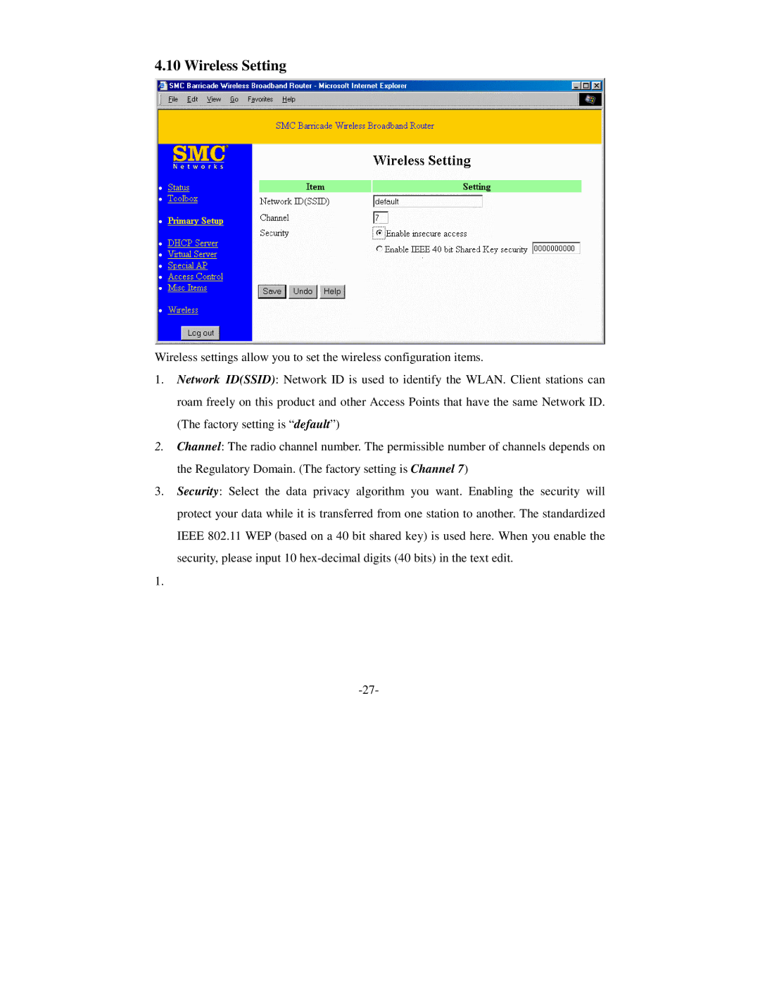 SMC Networks Wireless Broadband Router specifications Wireless Setting 