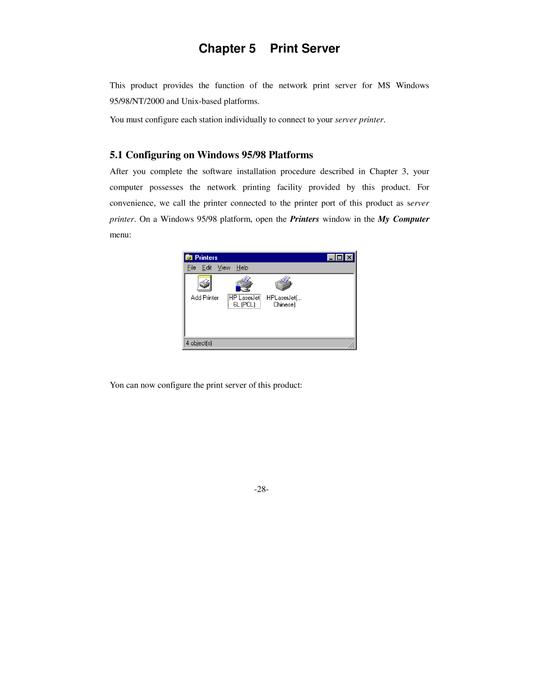 SMC Networks Wireless Broadband Router specifications Print Server, Configuring on Windows 95/98 Platforms 