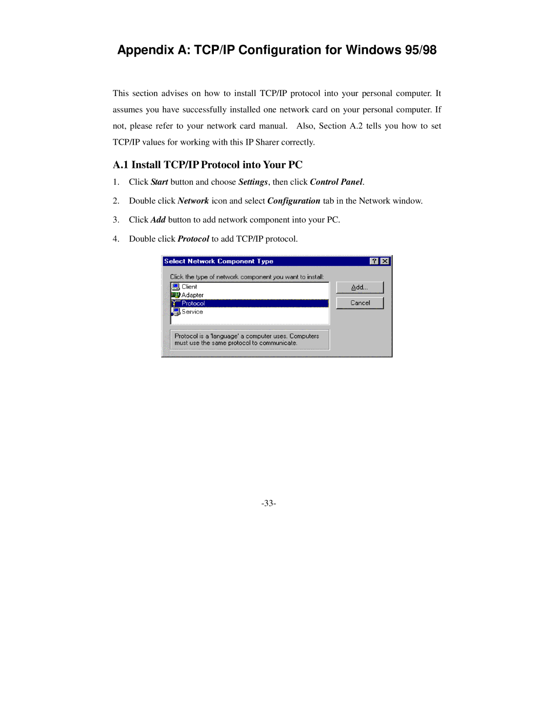 SMC Networks Wireless Broadband Router specifications Appendix a TCP/IP Configuration for Windows 95/98 