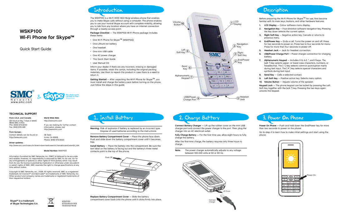 SMC Networks WSKP100 quick start Introduction, Description, Install Battery, Charge Battery, Power On Phone 