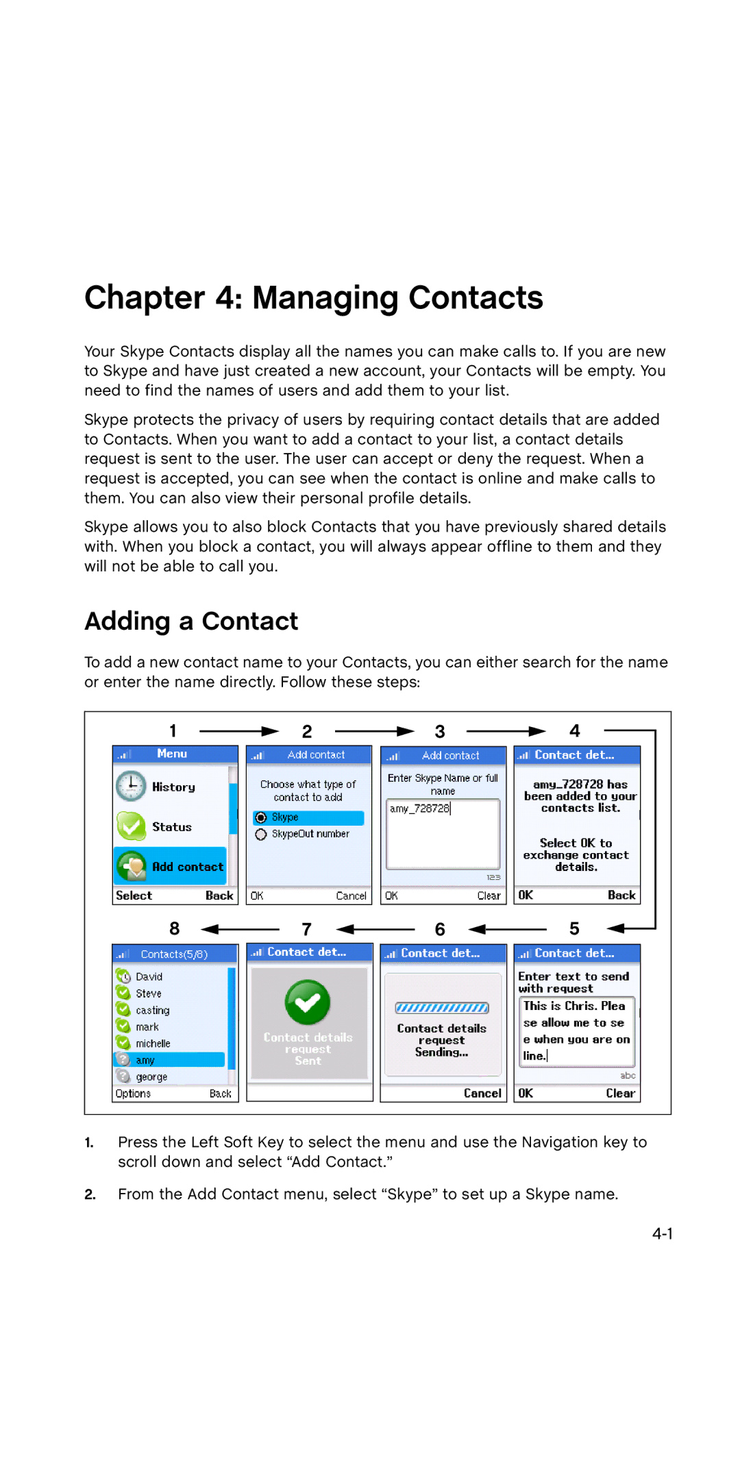 SMC Networks WSKP100 manual Managing Contacts, Adding a Contact 