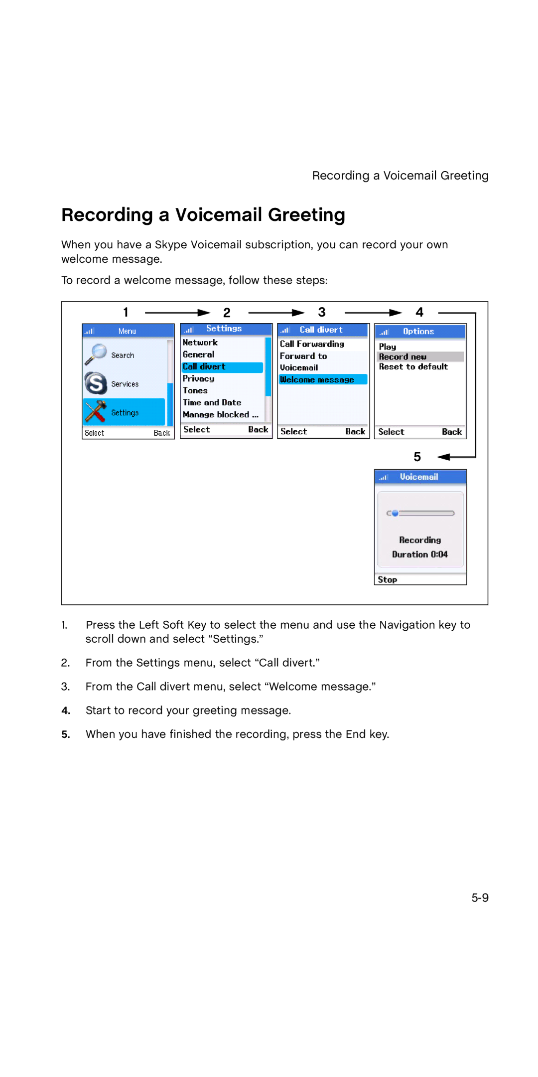 SMC Networks WSKP100 manual Recording a Voicemail Greeting 