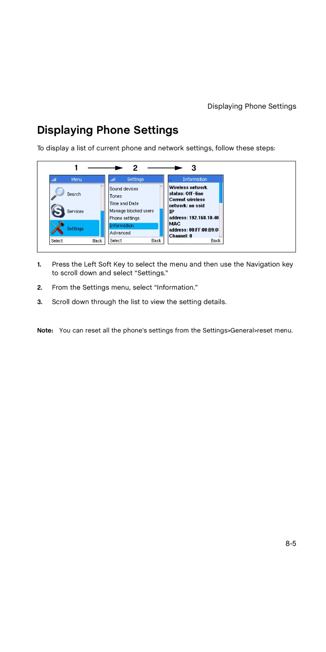 SMC Networks WSKP100 manual Displaying Phone Settings 