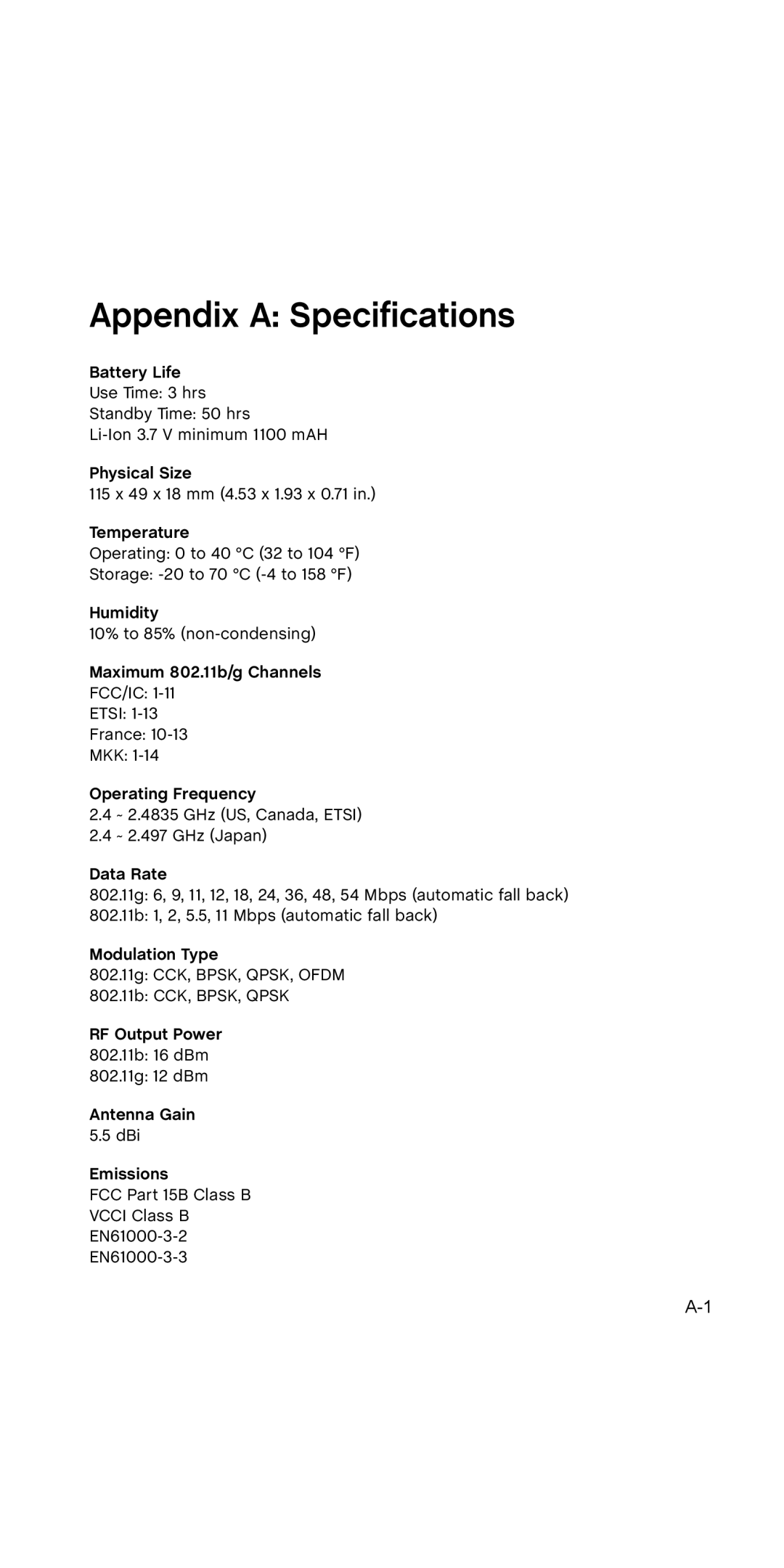 SMC Networks WSKP100 manual Appendix a Specifications 