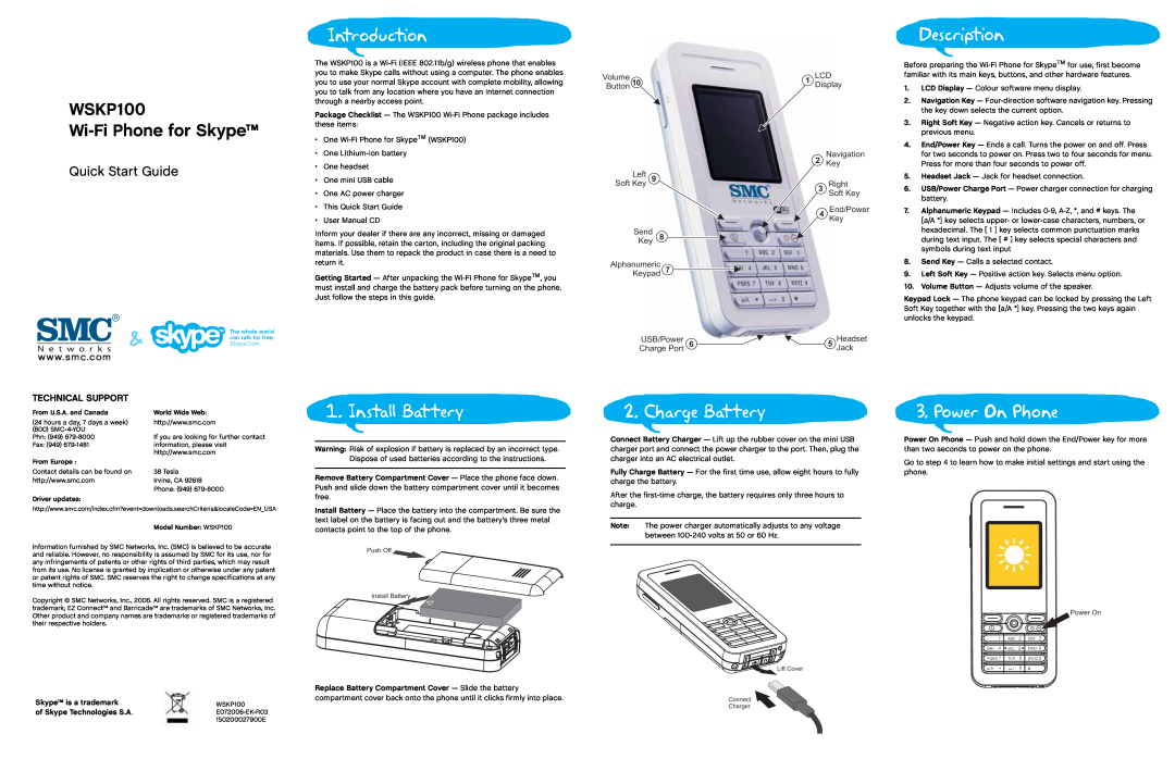 SMC Networks WSKP100 quick start Introduction, Description, Install Battery, Charge Battery, Power On Phone 