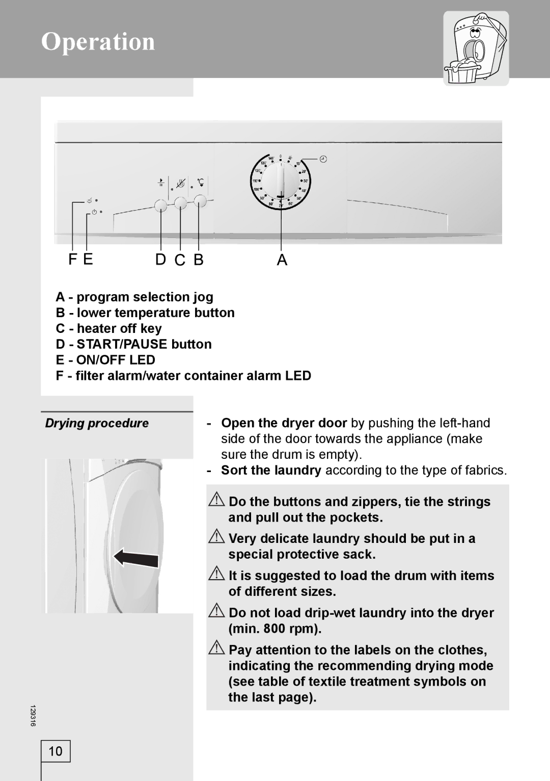 Smeg 129316 manual Operation, ﬁlter alarm/water container alarm LED, Last 