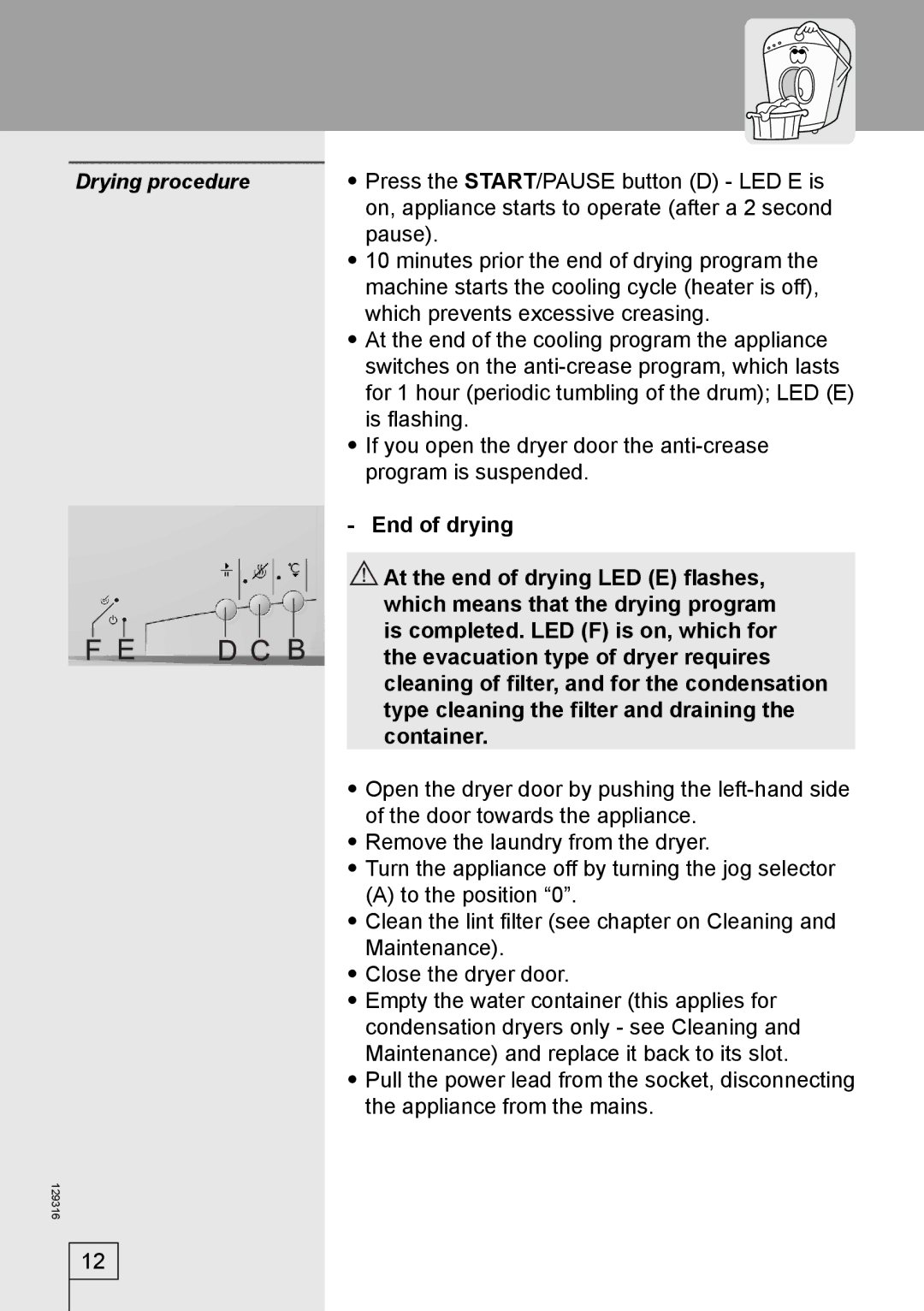 Smeg 129316 manual Drying procedure 