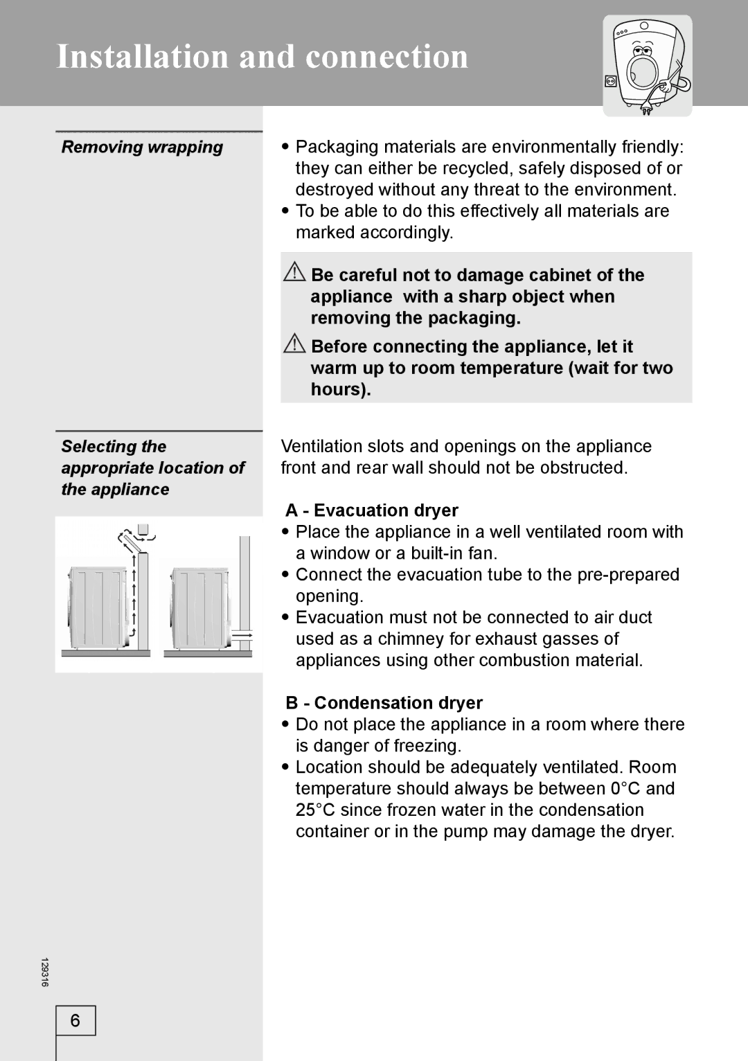 Smeg 129316 manual Installation and connection, Removing wrapping, Selecting, Appropriate location, Appliance 