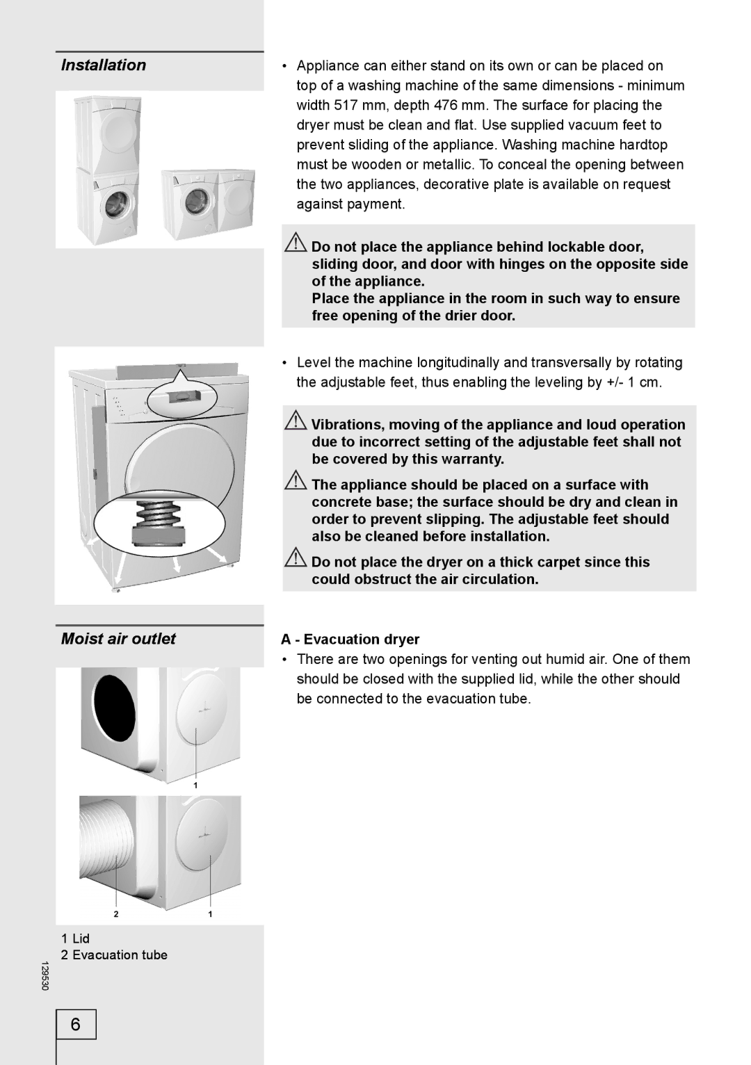 Smeg 129530 manual Installation, Moist air outlet 