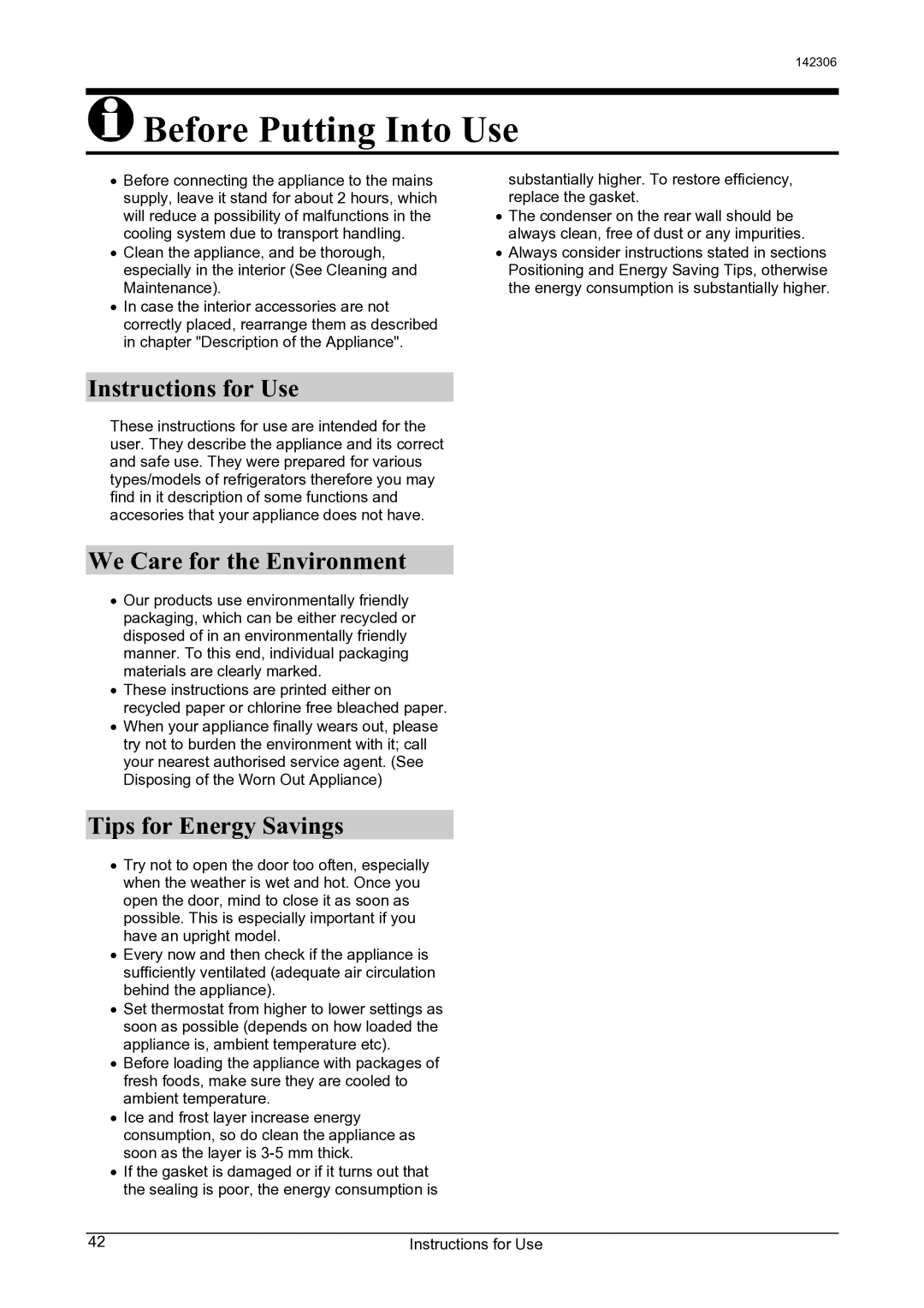 Smeg 142306 manual Before Putting Into Use, Instructions for Use, We Care for the Environment, Tips for Energy Savings 