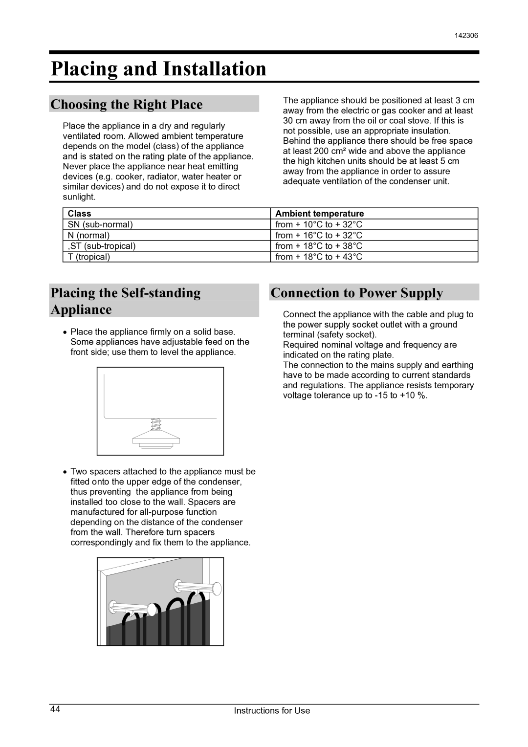 Smeg 142306 manual Placing and Installation, Choosing the Right Place, Placing the Self-standing Appliance 