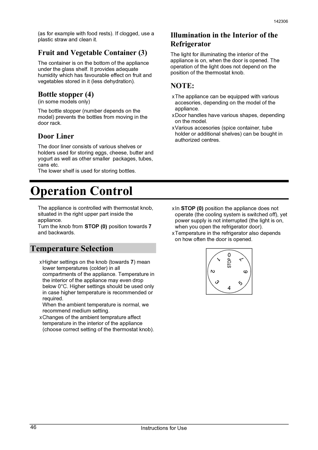 Smeg 142306 manual Operation Control, Temperature Selection 