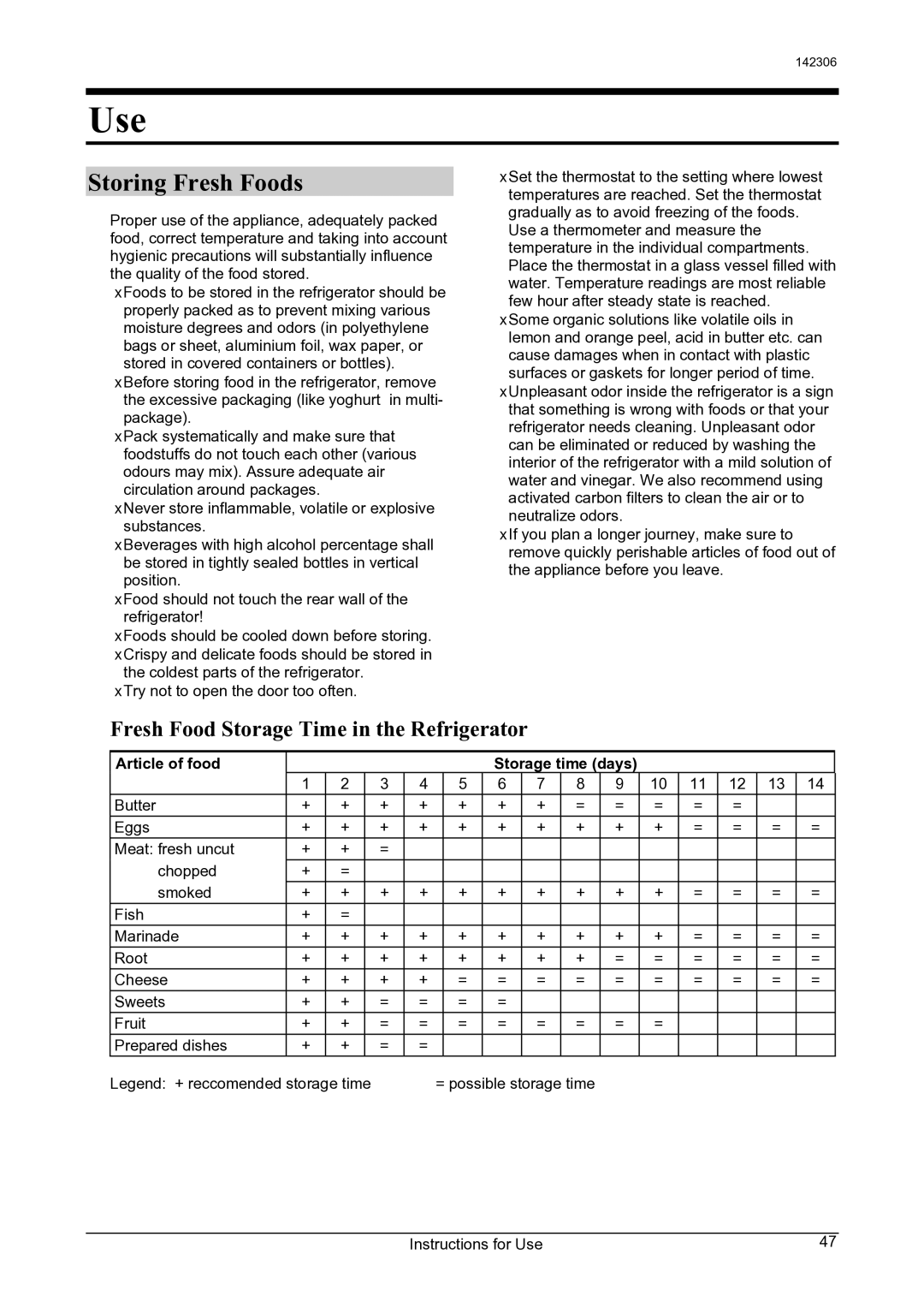 Smeg 142306 manual Use, Storing Fresh Foods, Fresh Food Storage Time in the Refrigerator, Article of food Storage time days 