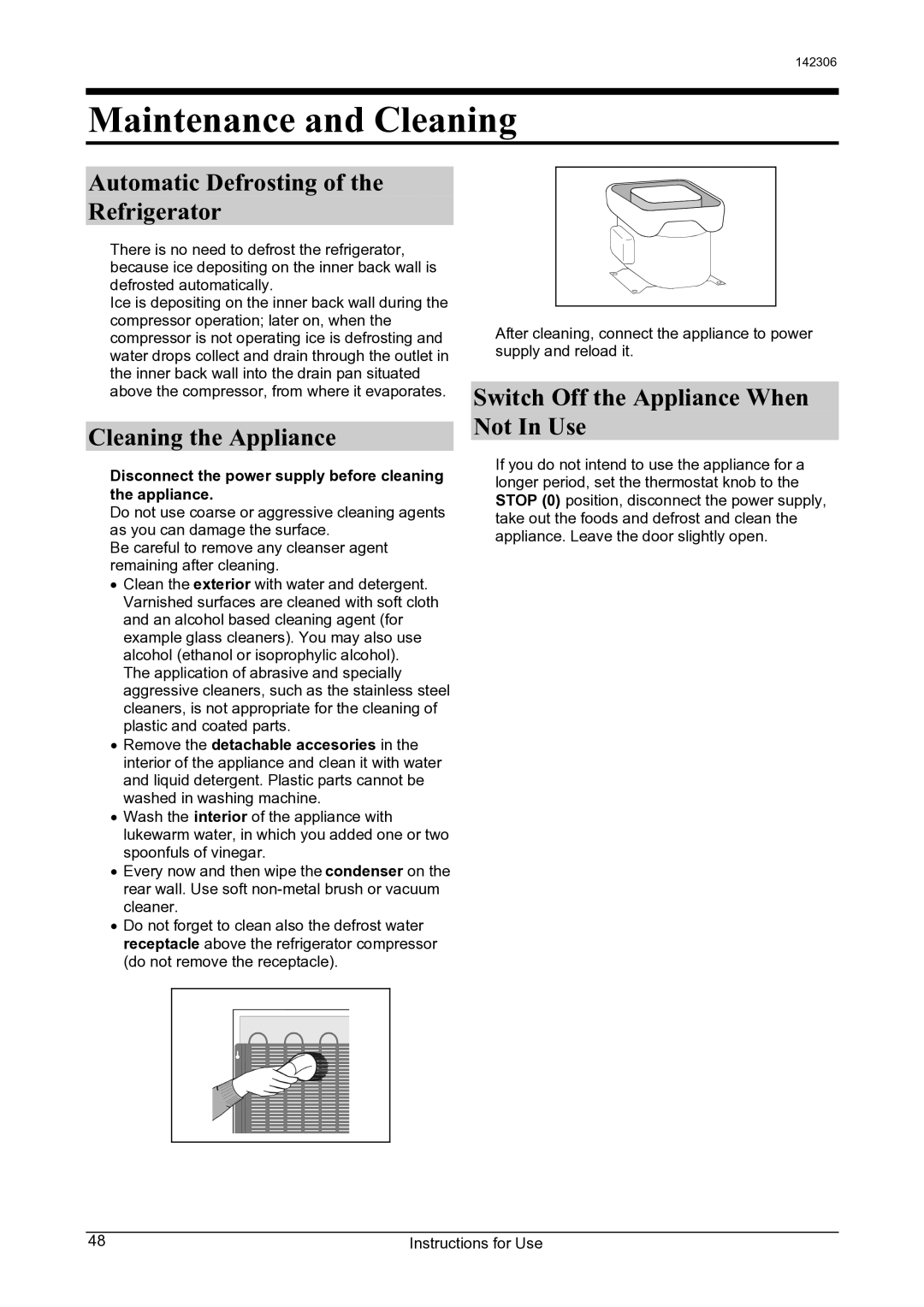 Smeg 142306 manual Maintenance and Cleaning, Automatic Defrosting of the Refrigerator, Cleaning the Appliance 