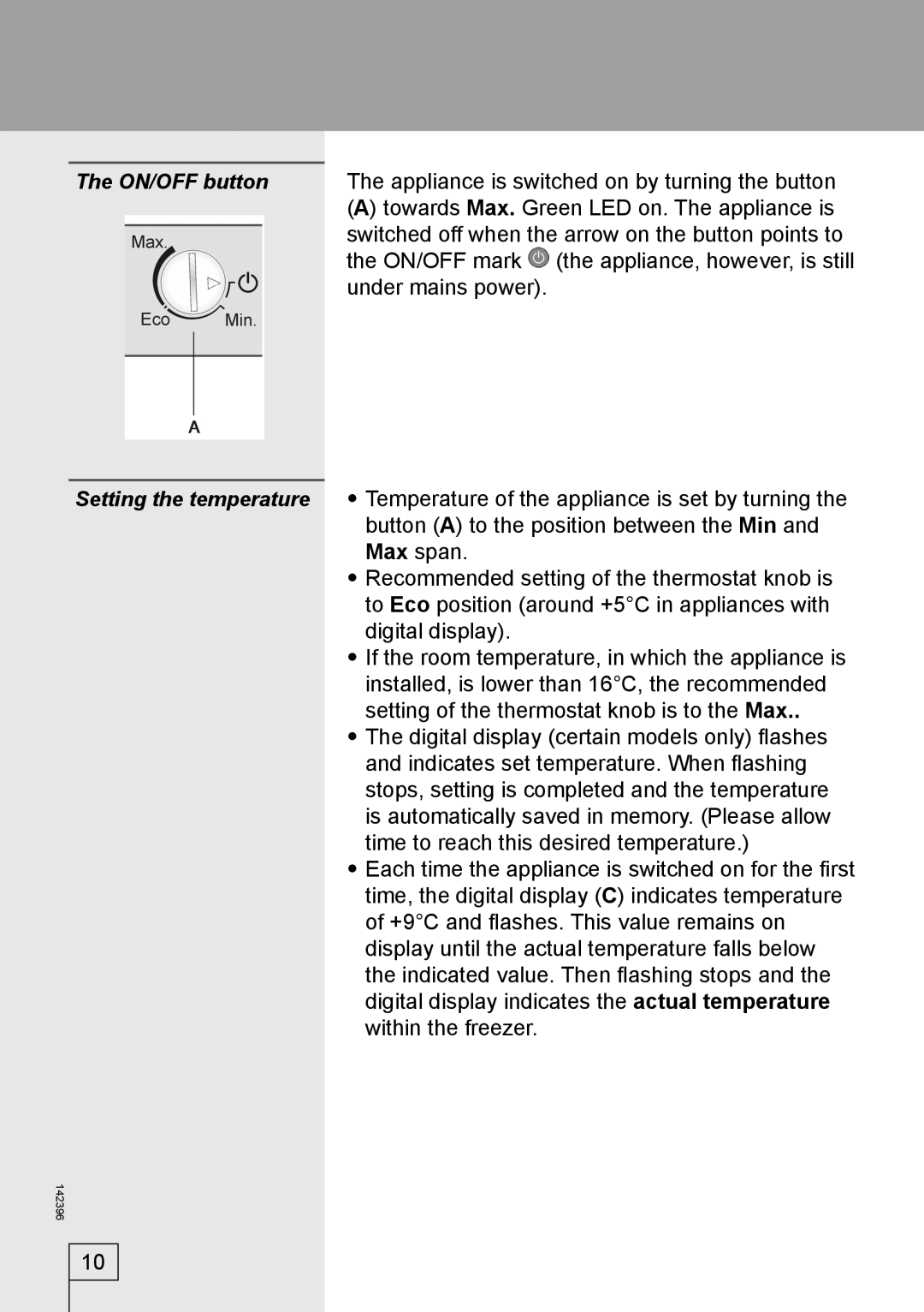 Smeg 142396 manual ON/OFF button, Setting the temperature 