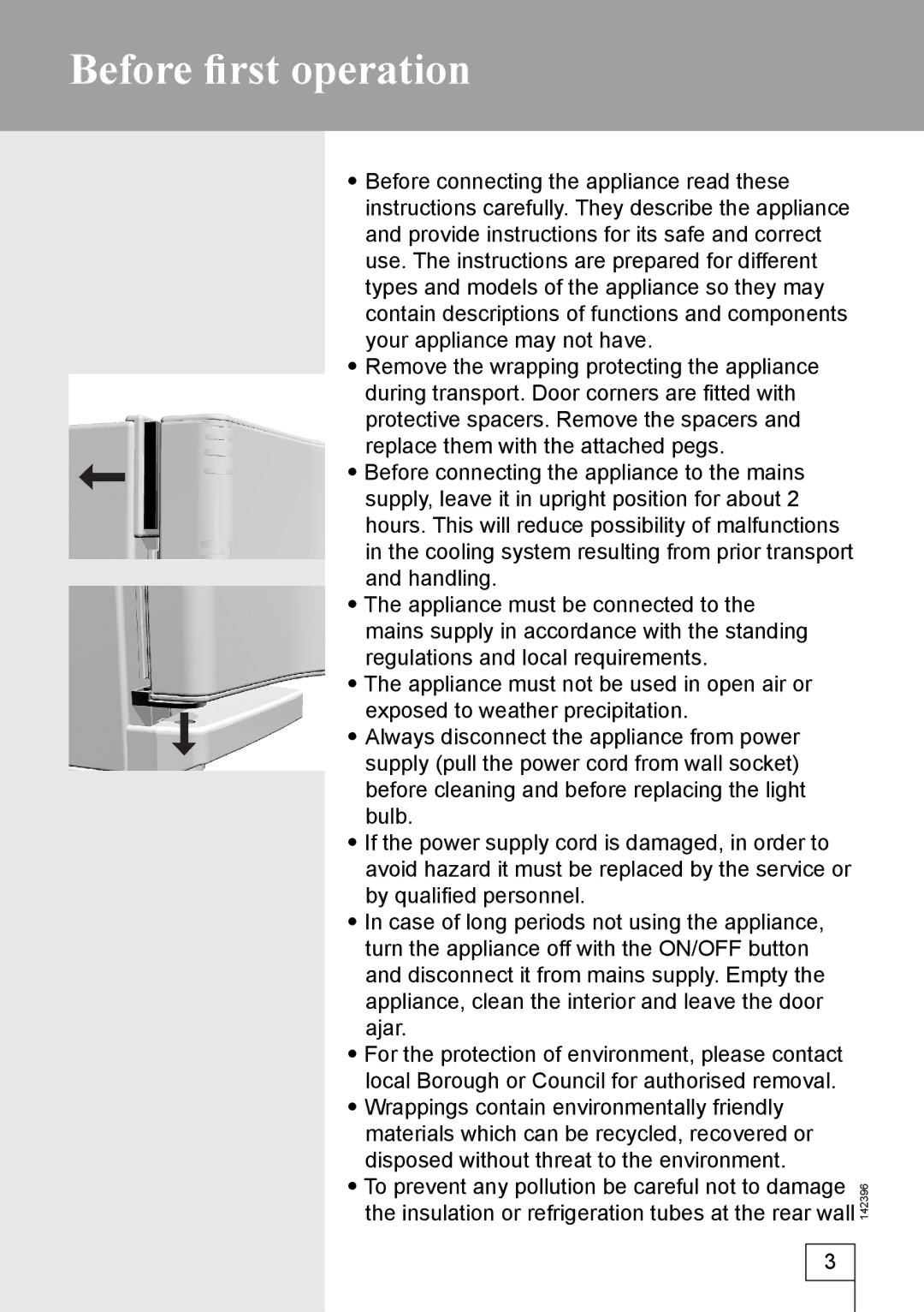 Smeg 142396 manual Before ﬁrst operation 