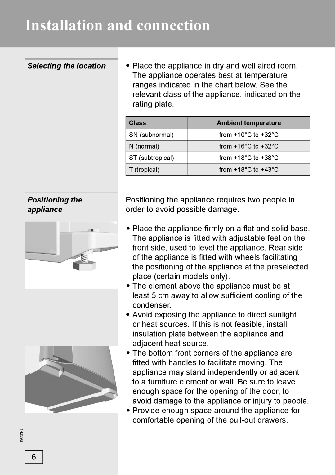 Smeg 142396 manual Installation and connection, Selecting the location, Positioning, Appliance 