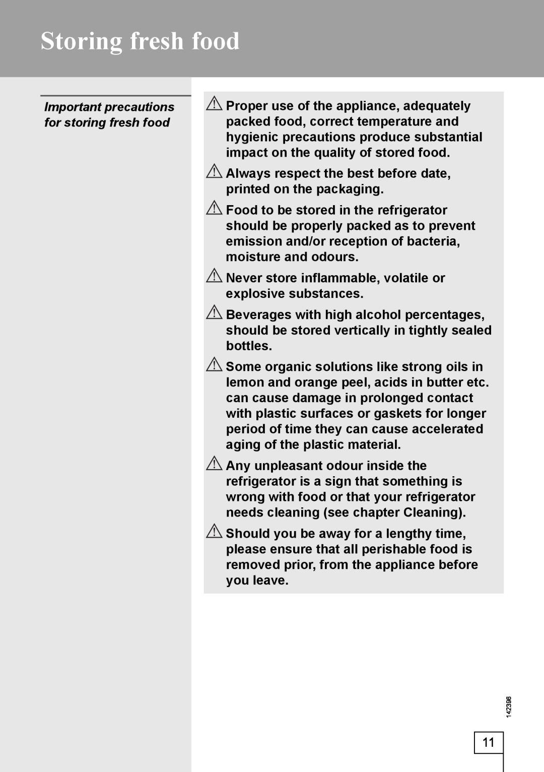 Smeg 142396 manual Storing fresh food, Important precautions for storing fresh food 