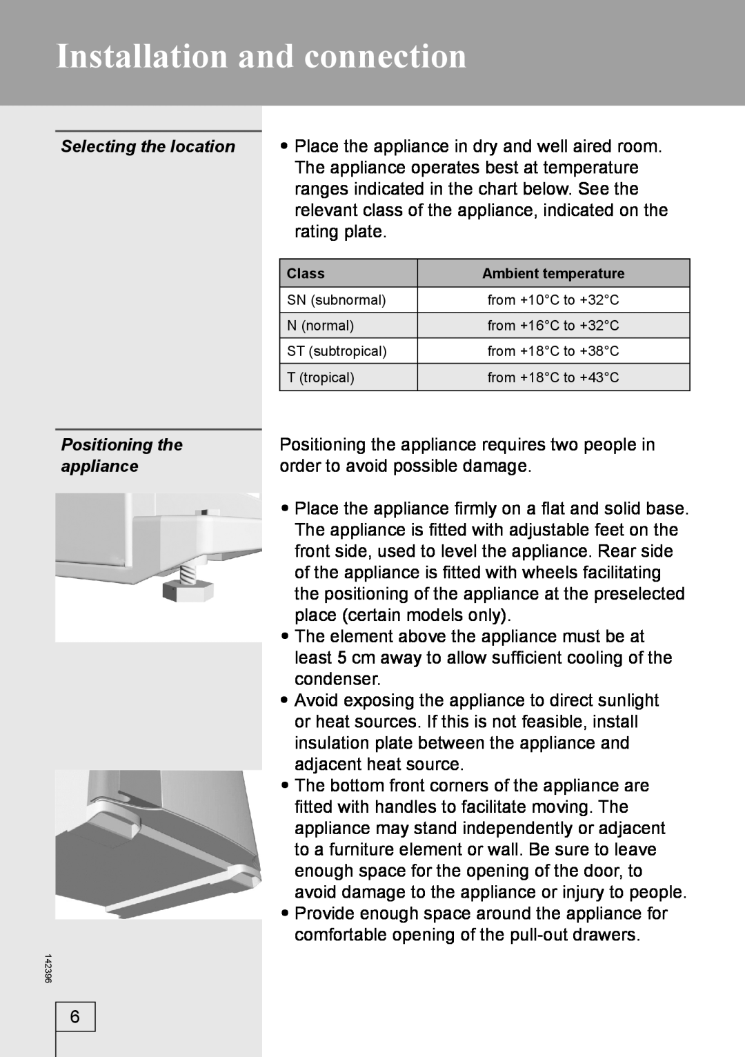 Smeg 142396 manual Installation and connection, Selecting the location, Positioning the, appliance 