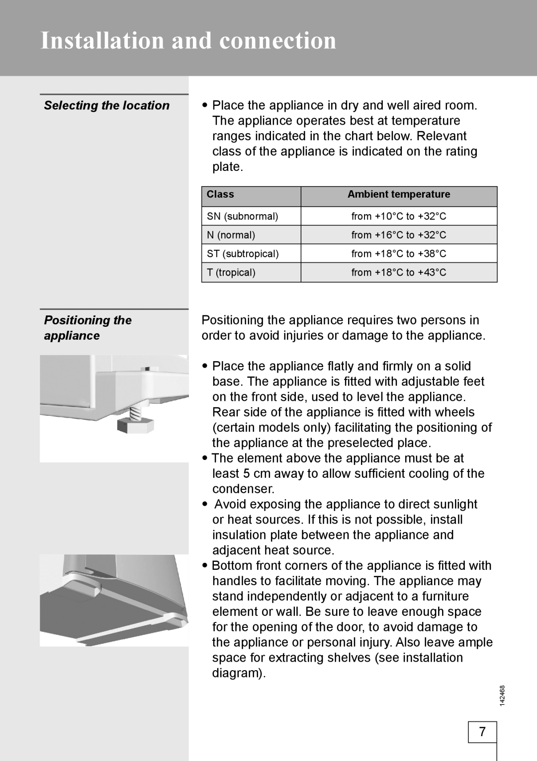 Smeg 142468 manual Installation and connection, Selecting the location, Positioning, Appliance 