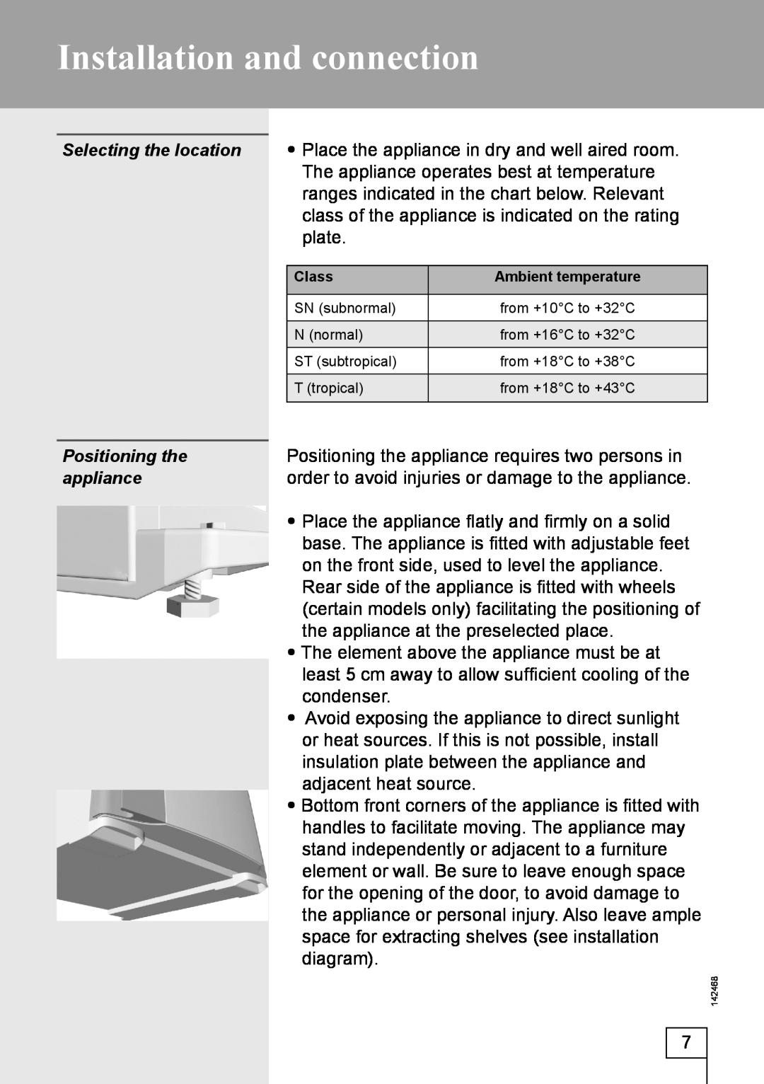 Smeg 142468 manual Installation and connection, Selecting the location, Positioning the, appliance 