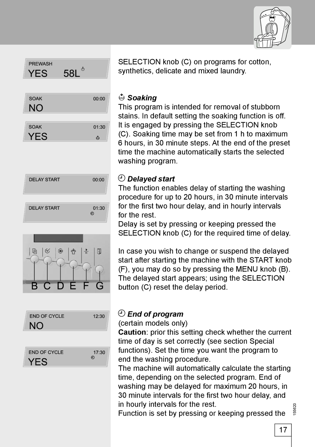 Smeg 155620 manual Soaking, Delayed start, End of program 