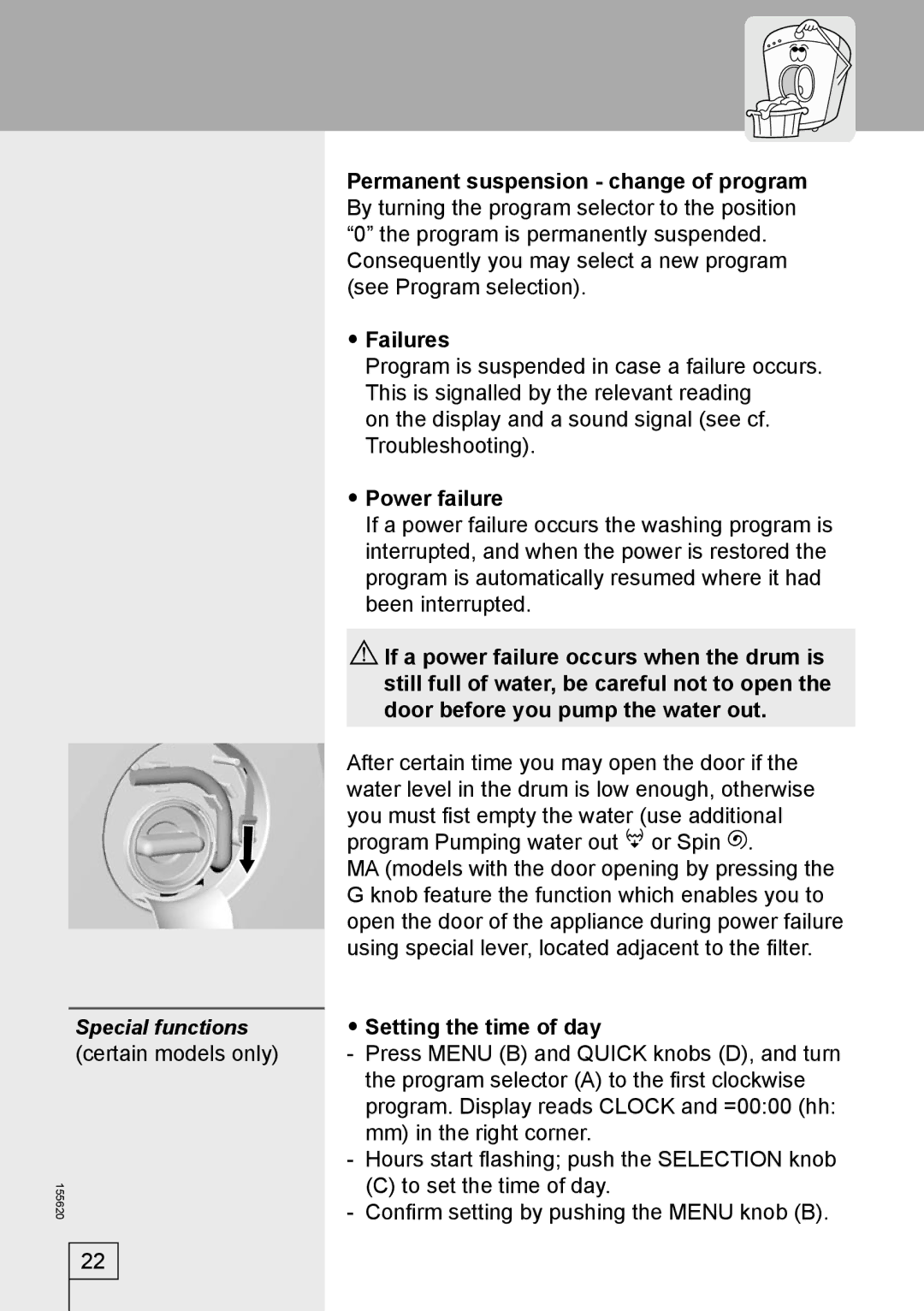 Smeg 155620 manual Special functions, Failures, Power failure, Setting the time of day 