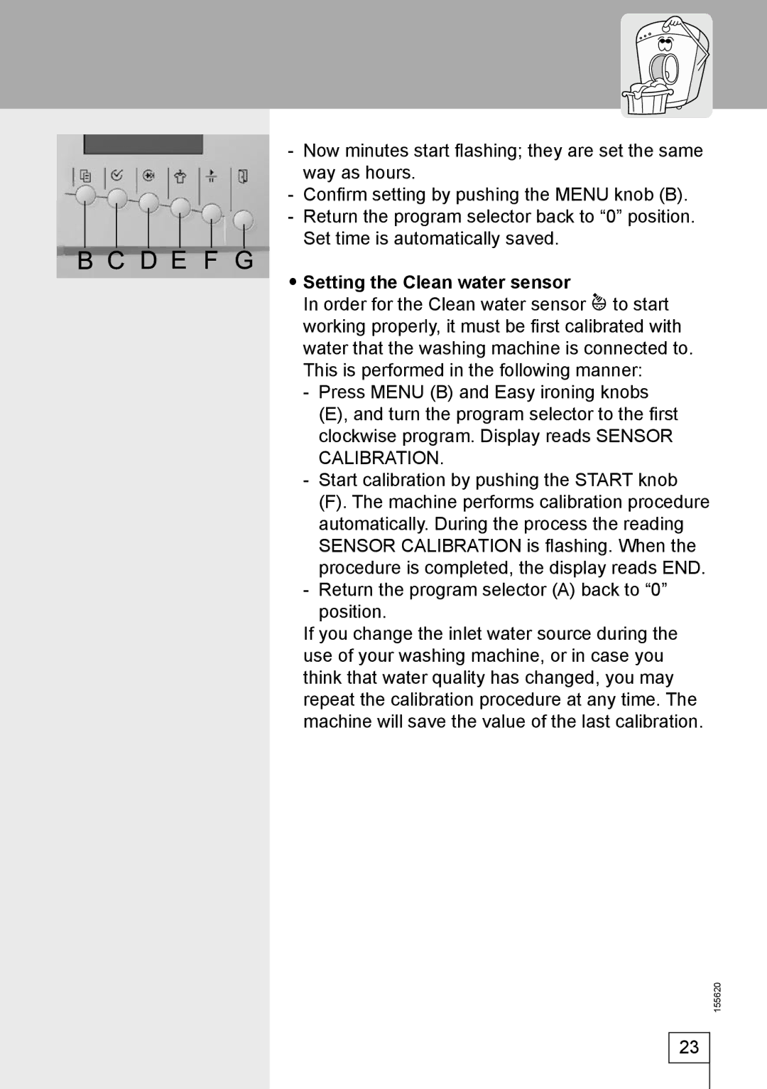 Smeg 155620 manual Setting the Clean water sensor 