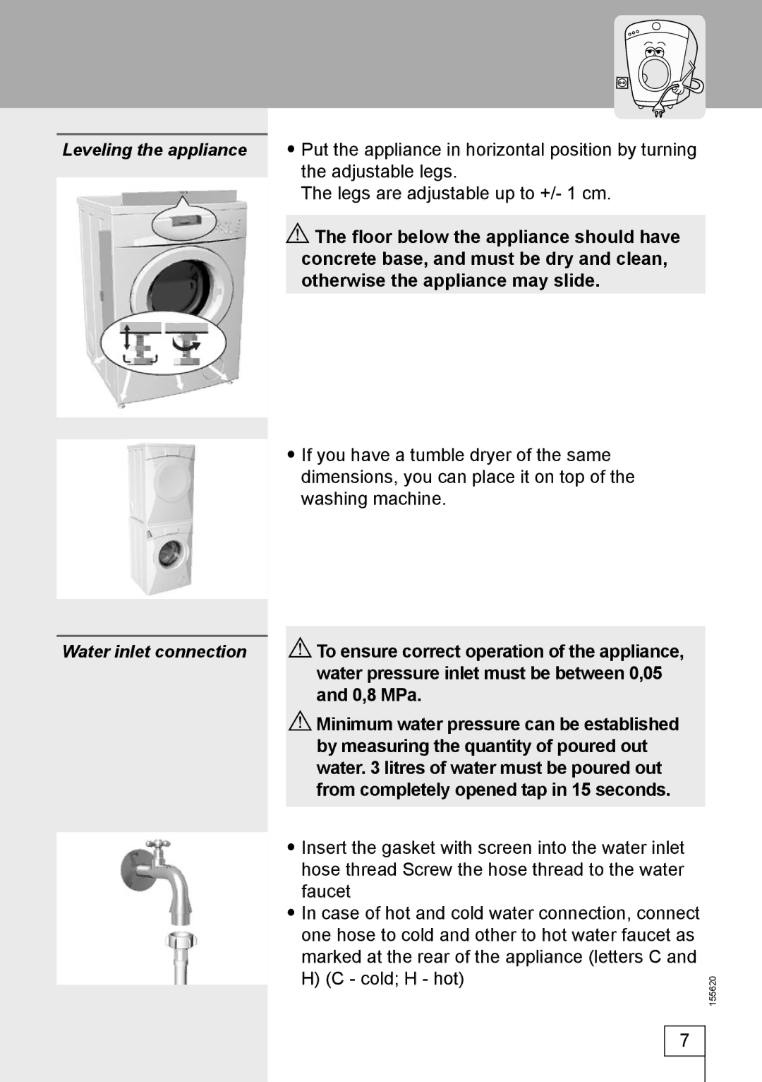 Smeg 155620 manual Put the appliance in horizontal position by turning, Leveling the appliance, Adjustable legs, 0,8 MPa 