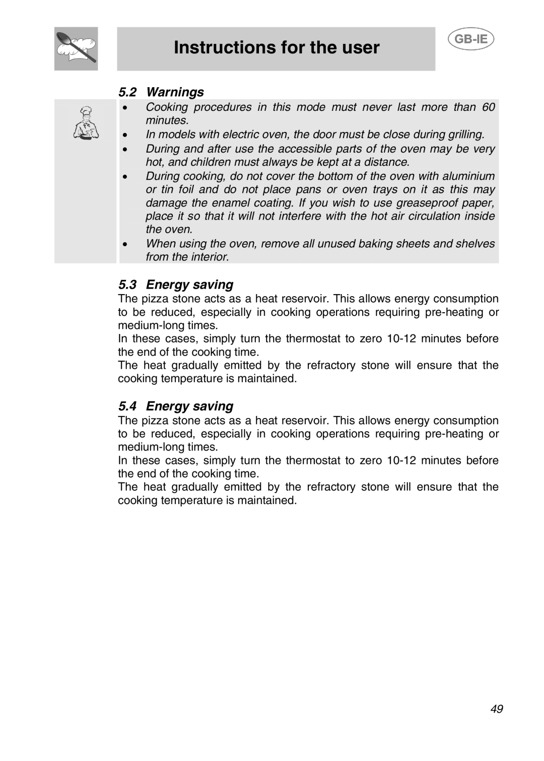 Smeg 166PZ-5 manual Energy saving 