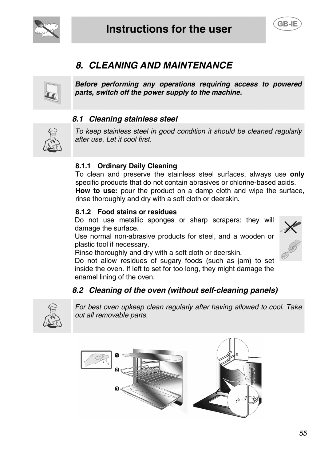 Smeg 166PZ-5 manual Cleaning and Maintenance, Cleaning stainless steel, Cleaning of the oven without self-cleaning panels 