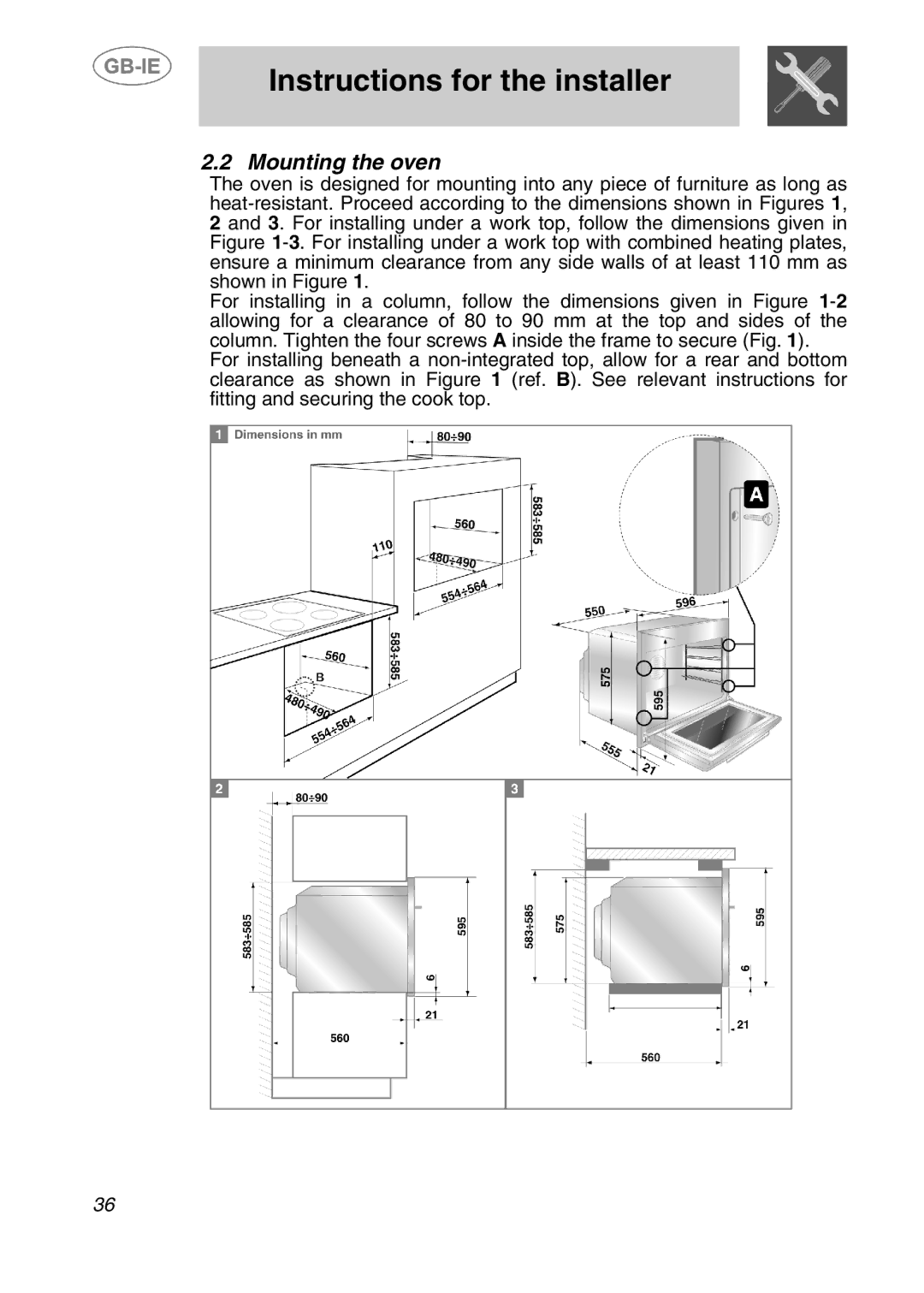 Smeg 166PZ-5 manual Mounting the oven 