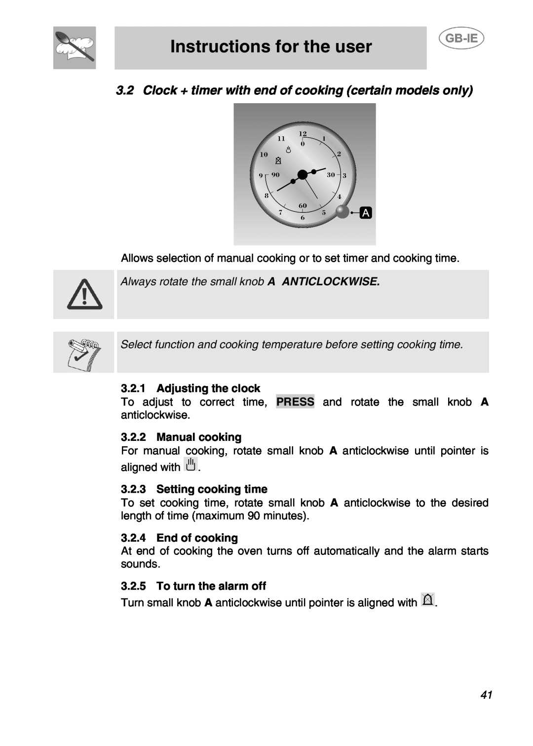 Smeg 166PZ-5 manual Instructions for the user, Adjusting the clock, Manual cooking, Setting cooking time, End of cooking 