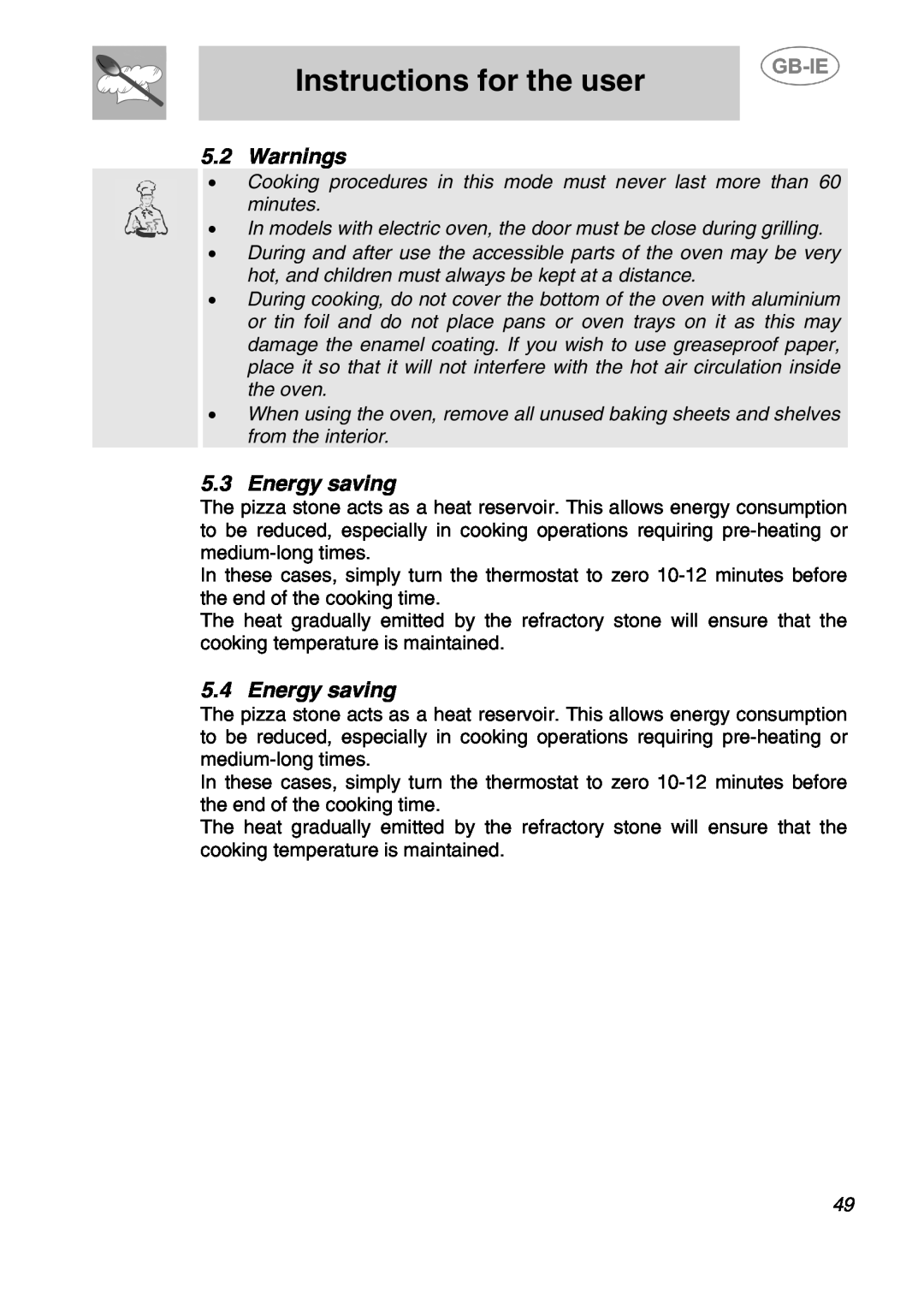 Smeg 166PZ-5 manual Warnings, Energy saving, Instructions for the user 
