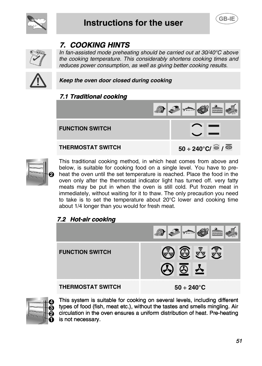 Smeg 166PZ-5 Cooking Hints, Traditional cooking, Hot-aircooking, Instructions for the user, 50 ⎟ 240C, Function Switch 