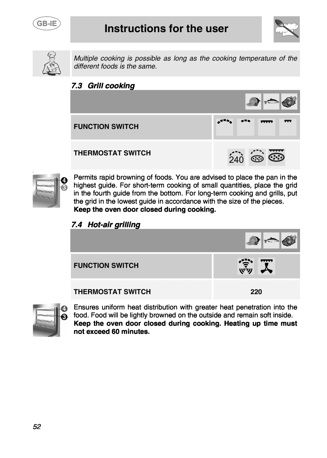 Smeg 166PZ-5 manual Grill cooking, Hot-airgrilling, Instructions for the user, Function Switch Thermostat Switch 