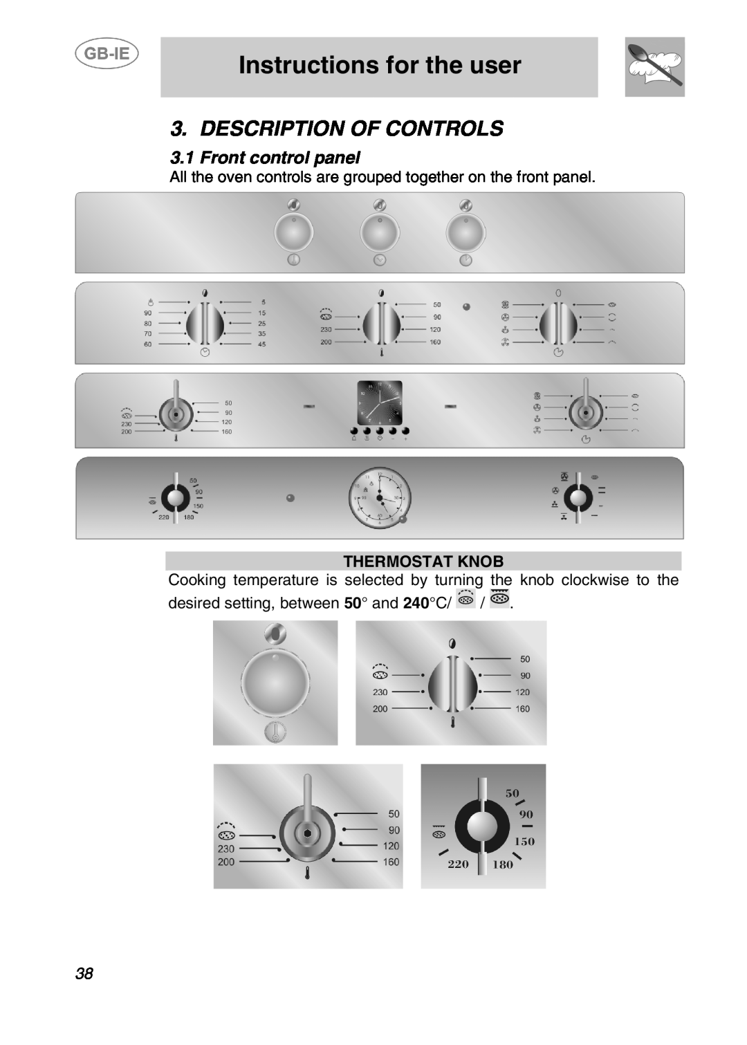 Smeg 166PZ-5 manual Instructions for the user, Description Of Controls, Front control panel, Thermostat Knob 