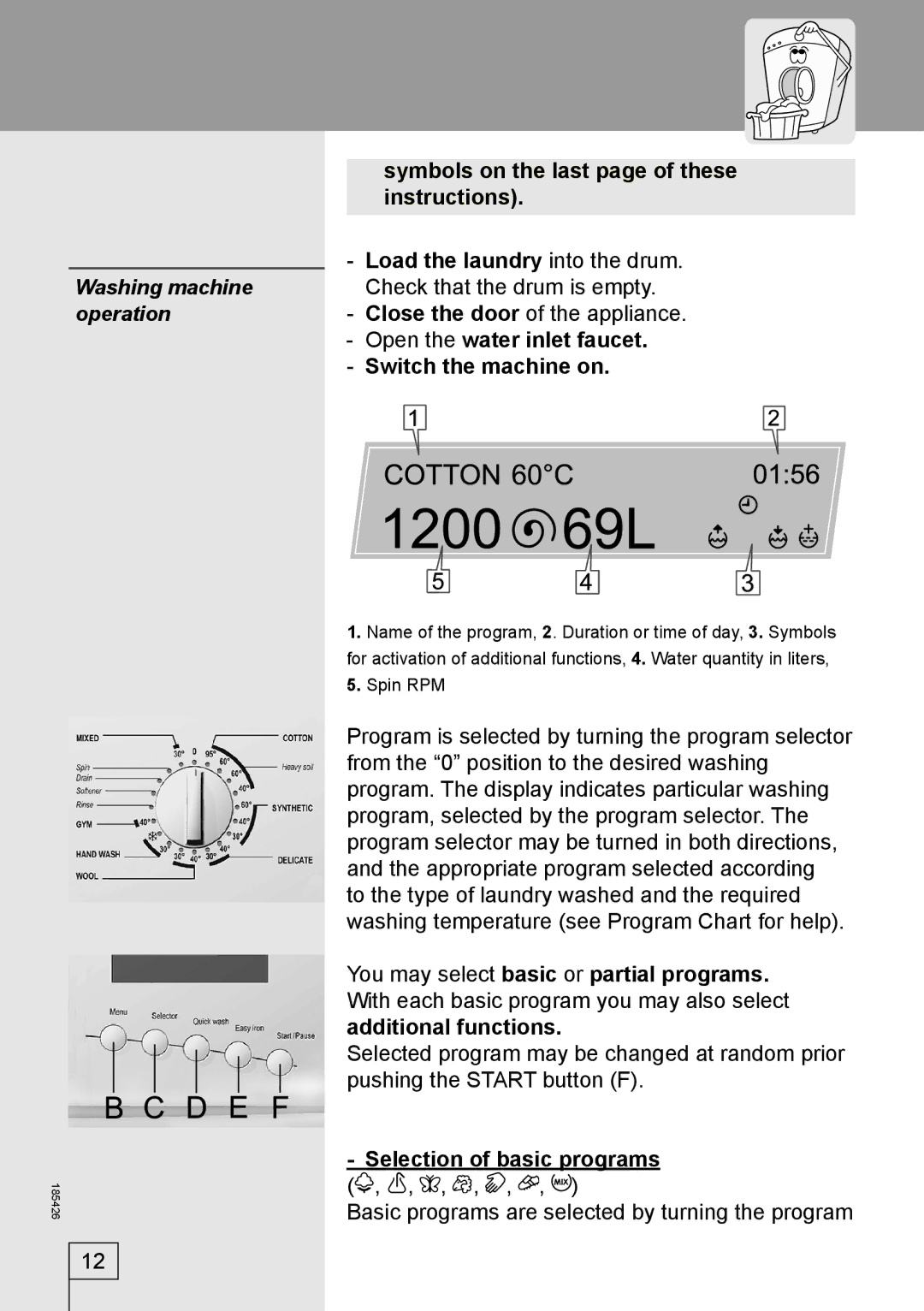 Smeg 185426 manual Washing machine, Operation 