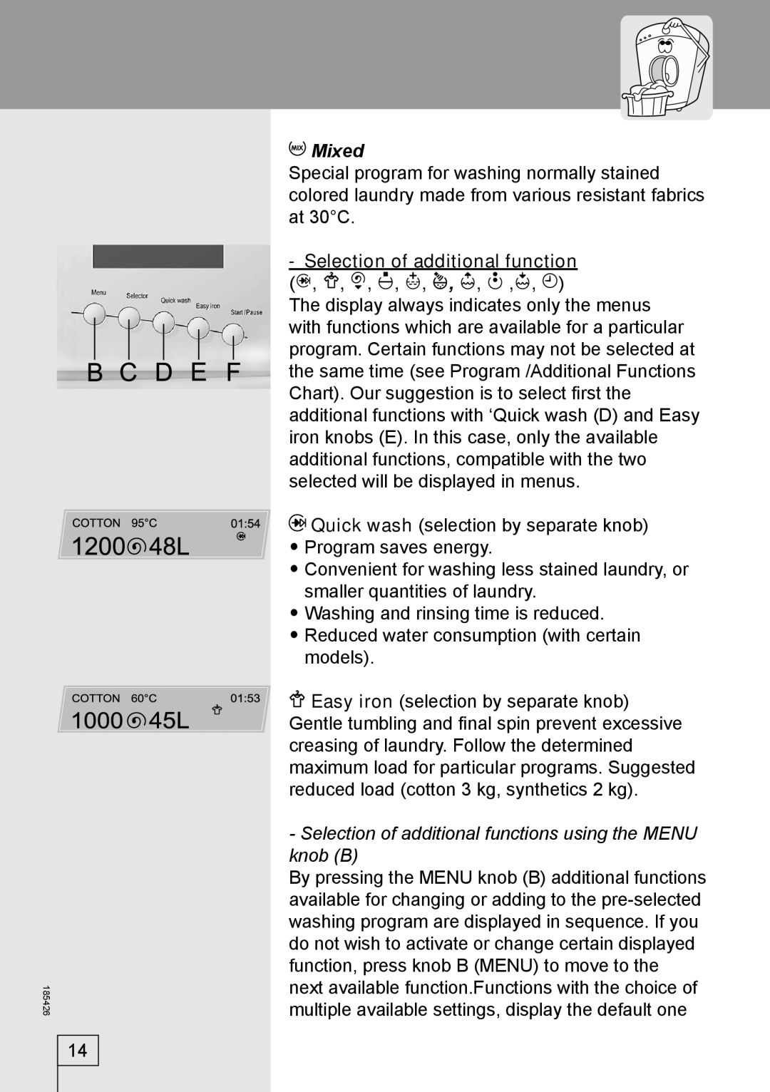 Smeg 185426 manual Mixed, Selection of additional function 