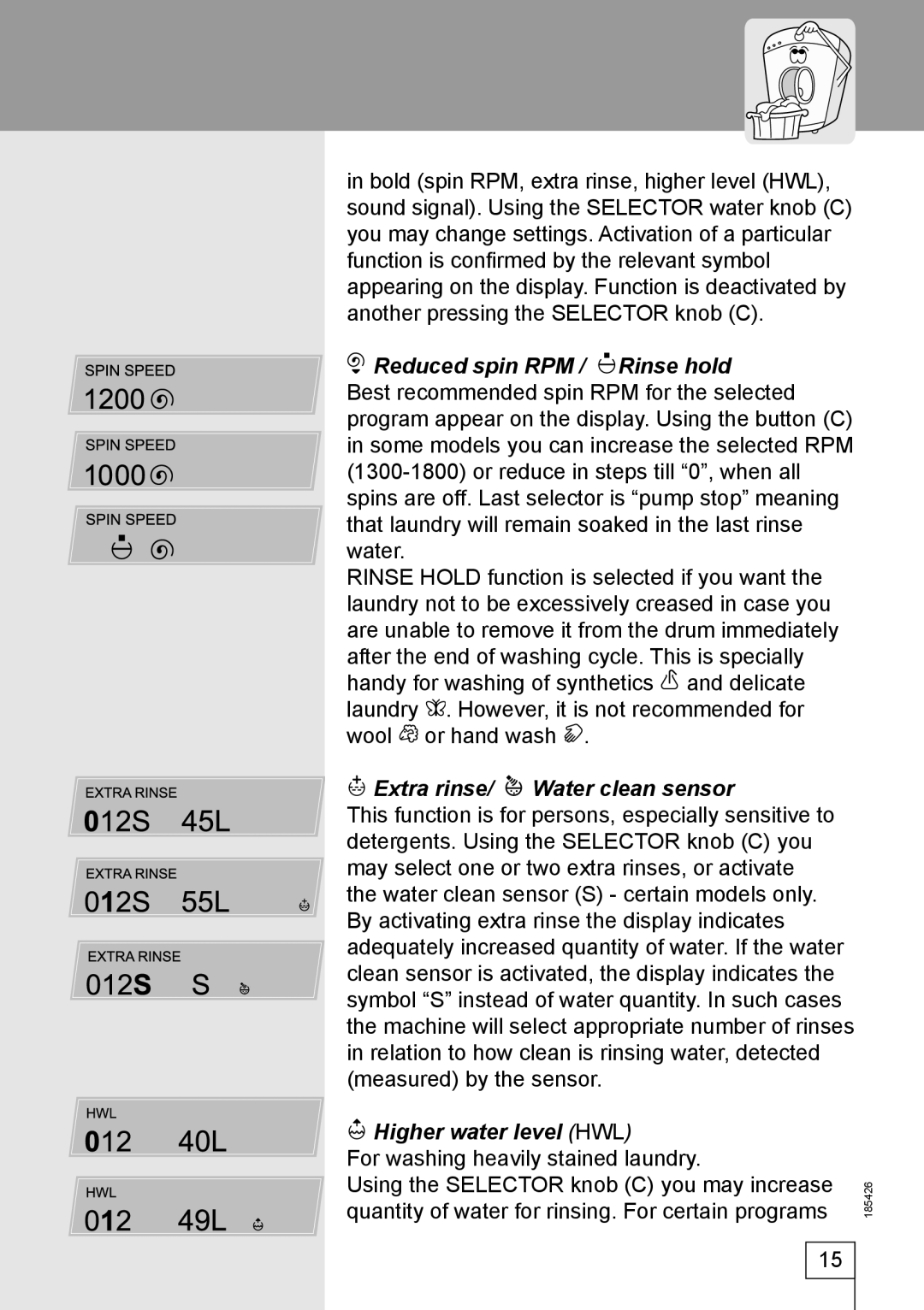 Smeg 185426 manual Reduced spin RPM / Rinse hold, Extra rinse Water clean sensor, Higher water level HWL 