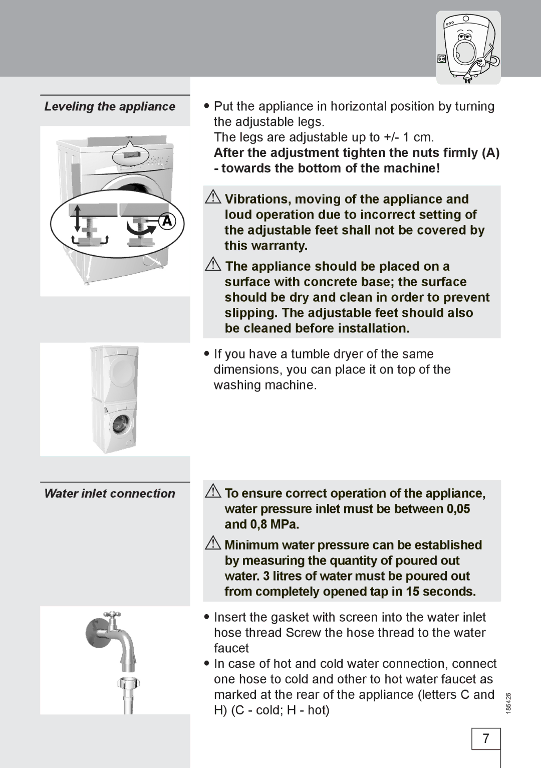 Smeg 185426 manual Leveling the appliance Water inlet connection 