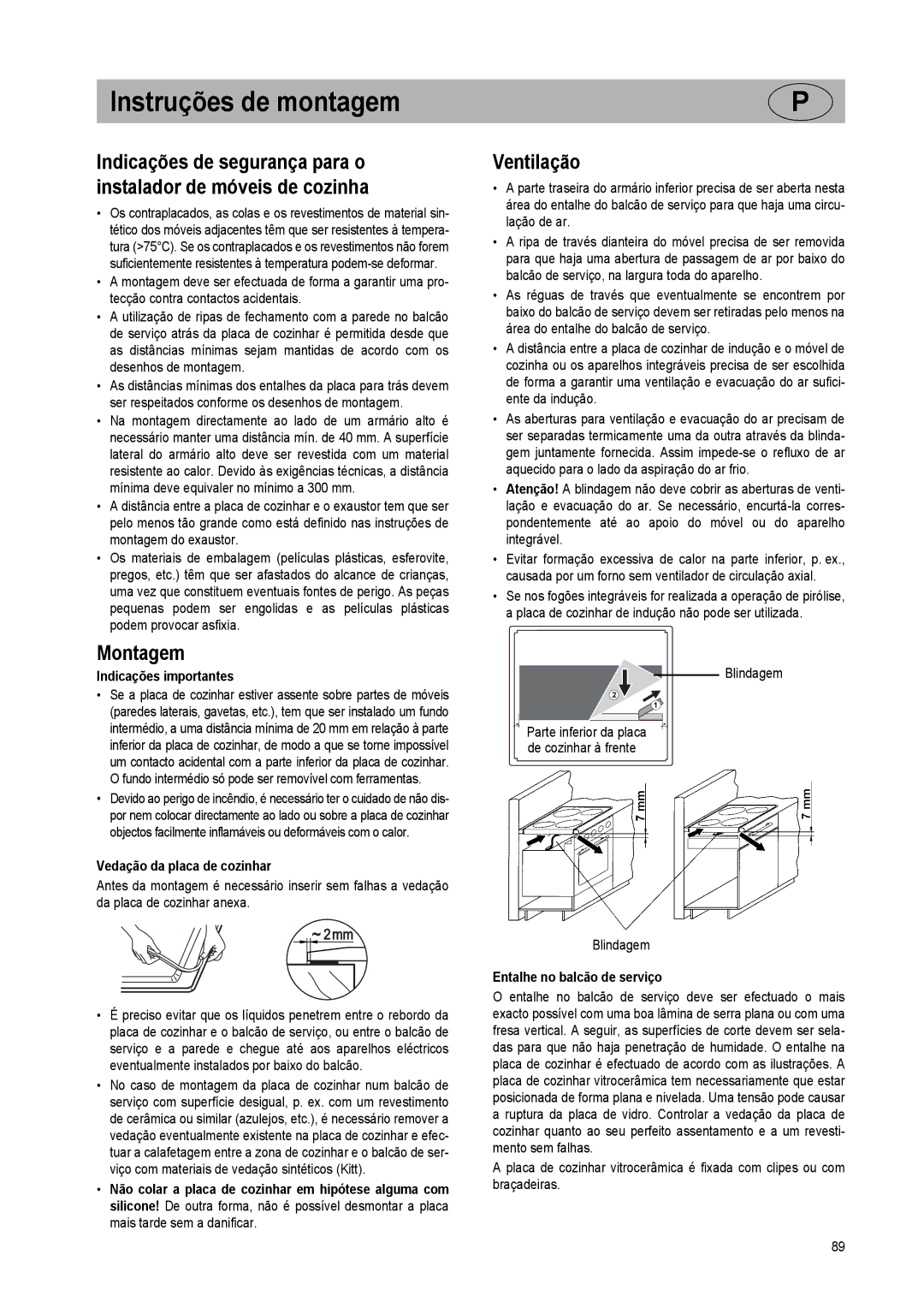 Smeg 225678 N71 manual Instruções de montagem, Montagem, Ventilação 