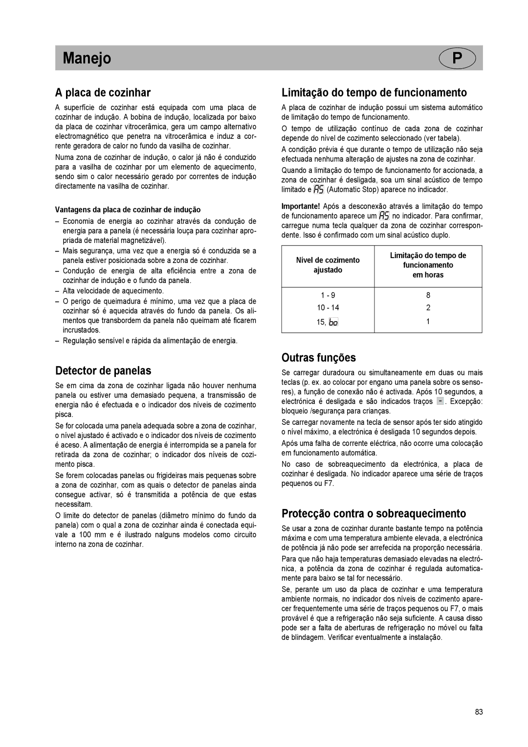 Smeg 225678 N71 manual Manejo, Detector de panelas, Limitação do tempo de funcionamento, Outras funções 